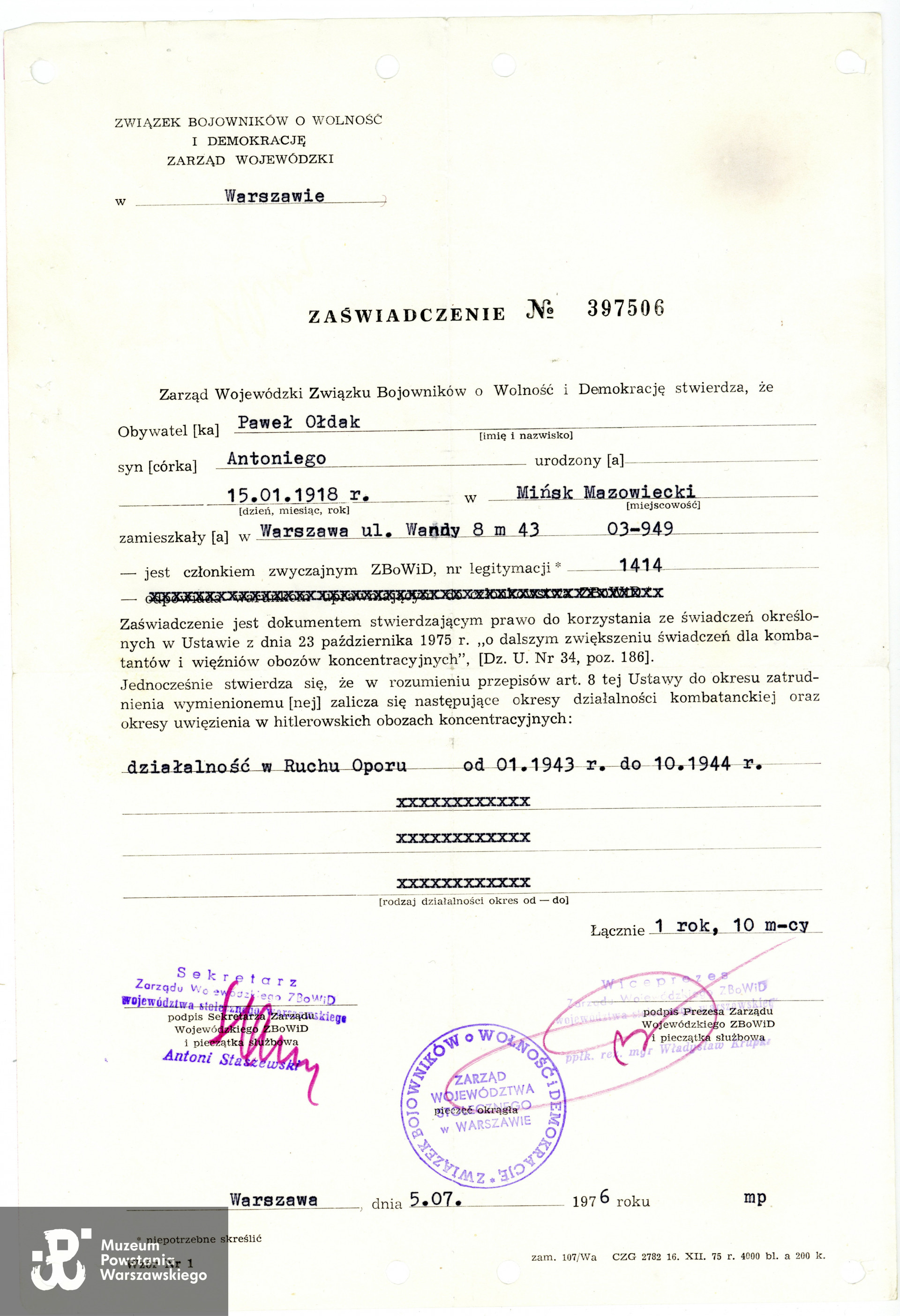 Ze zbiorów rodzinnych p.  Joanny Węgrzynek z domu Ołdak, córki Powstańca. Skany wykonano w Muzeum Powstania Warszawskiego, 05/2023.