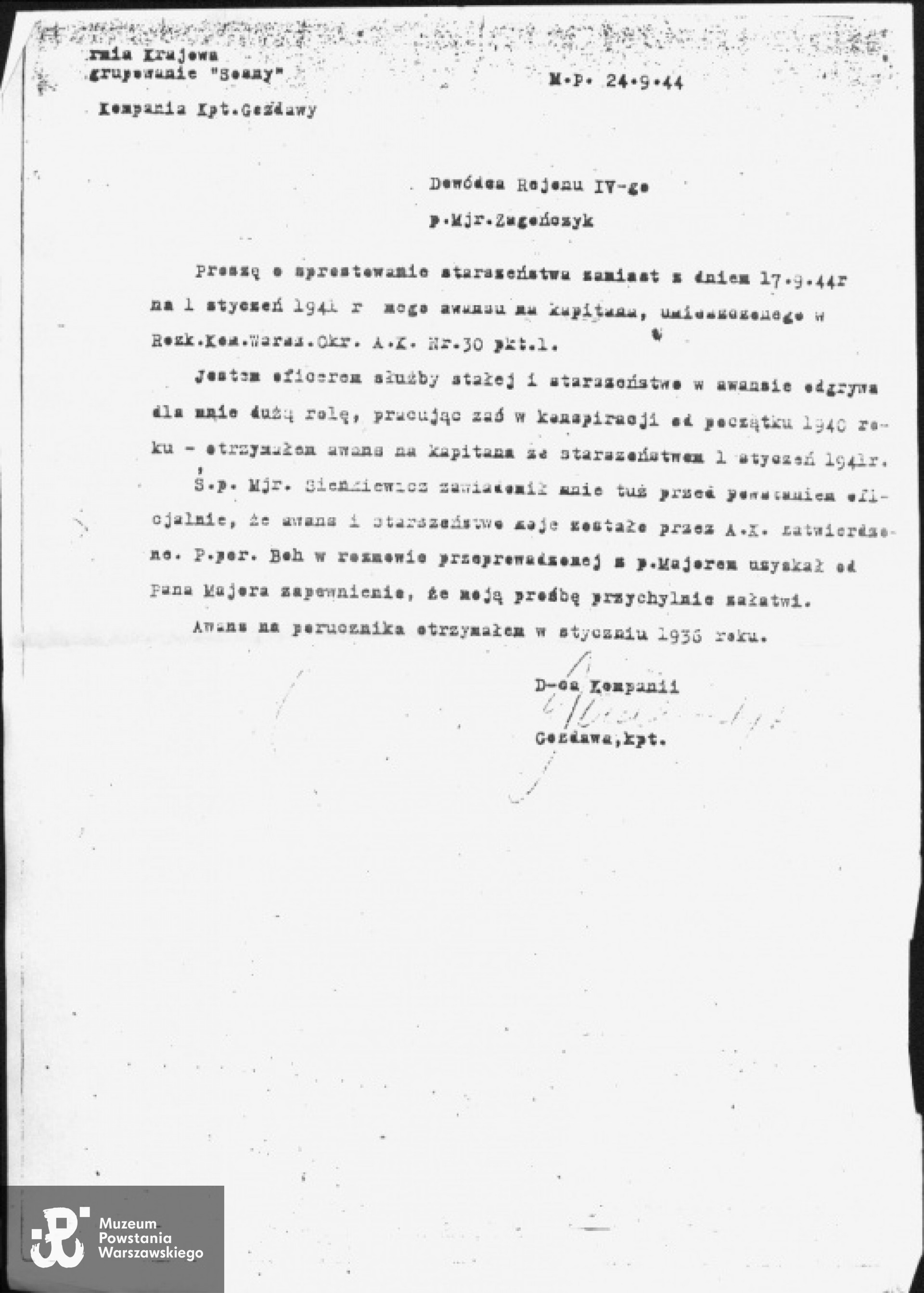 Powstanie Warszawskie. Pismo kpt. "Gozdawy" do mjr. "Zagończyka" z 24.09.1944 r.