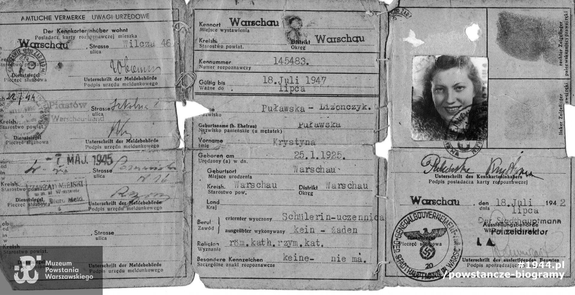 Okupacyjna Kenkarta Krystyny. Z archiwum rodzinnego udostępniła Iwona Ewa Kirejczyk 