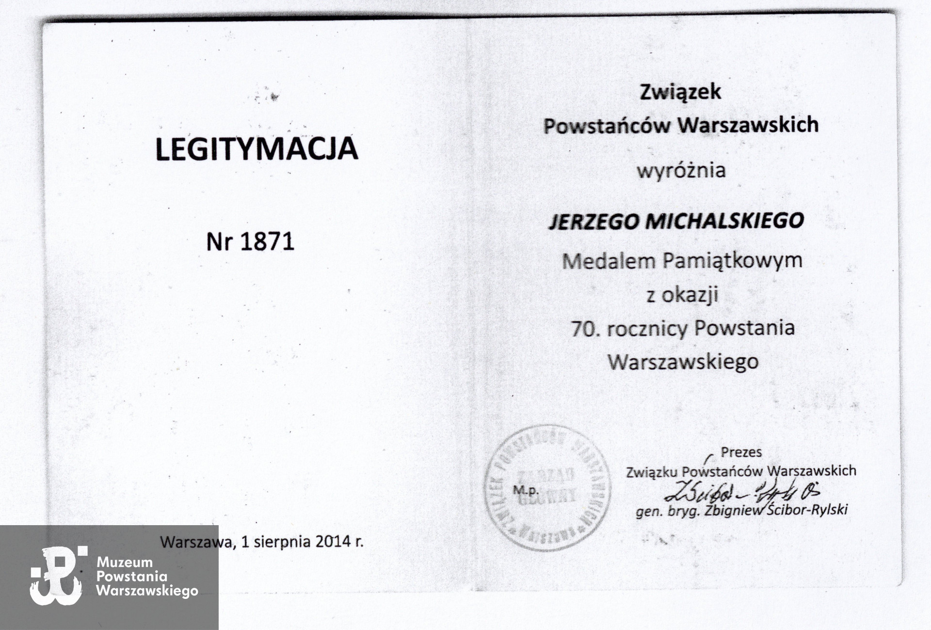 Medal Pamiątkowy z okazji 70. Rocznicy Powstania Warszawskiego (odznaczenie honorowe Związku Powstańców Warszawskich przyznawane żyjącym Powstańcom Warszawskim i osobom szczególnie zasłużonym w upamiętnianiu Powstania). Skan: materiały do Słownika Biograficznego Uczestników PW - Pokój Kombatanta