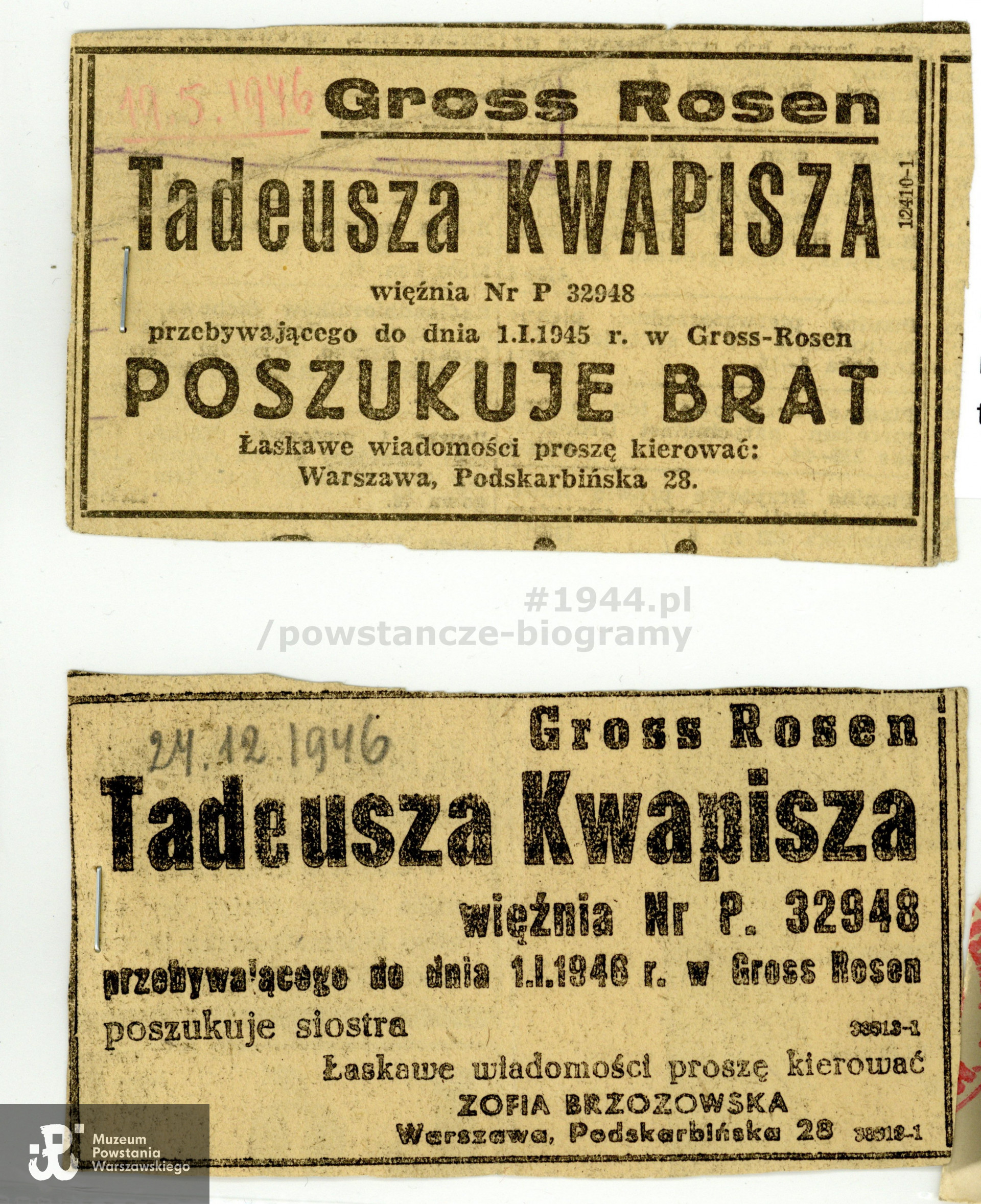 Ogłoszenia prasowe - ślad poszukiwań prowadzonych po wojnie przez rodzinę.  Z archiwum rodzinnego