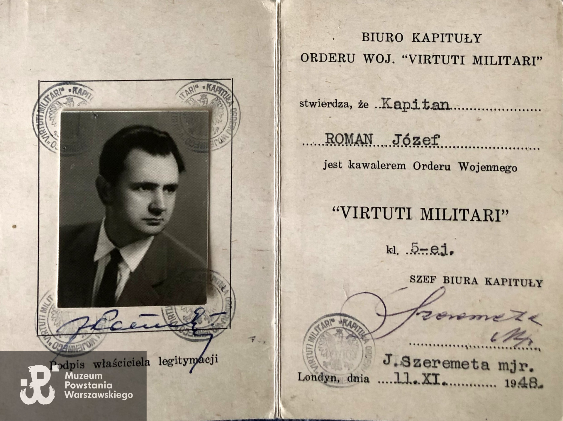 Legitymacja Orderu Virtuti Militari. Skan udostępniła p. Ewa Roman-Kobylińska