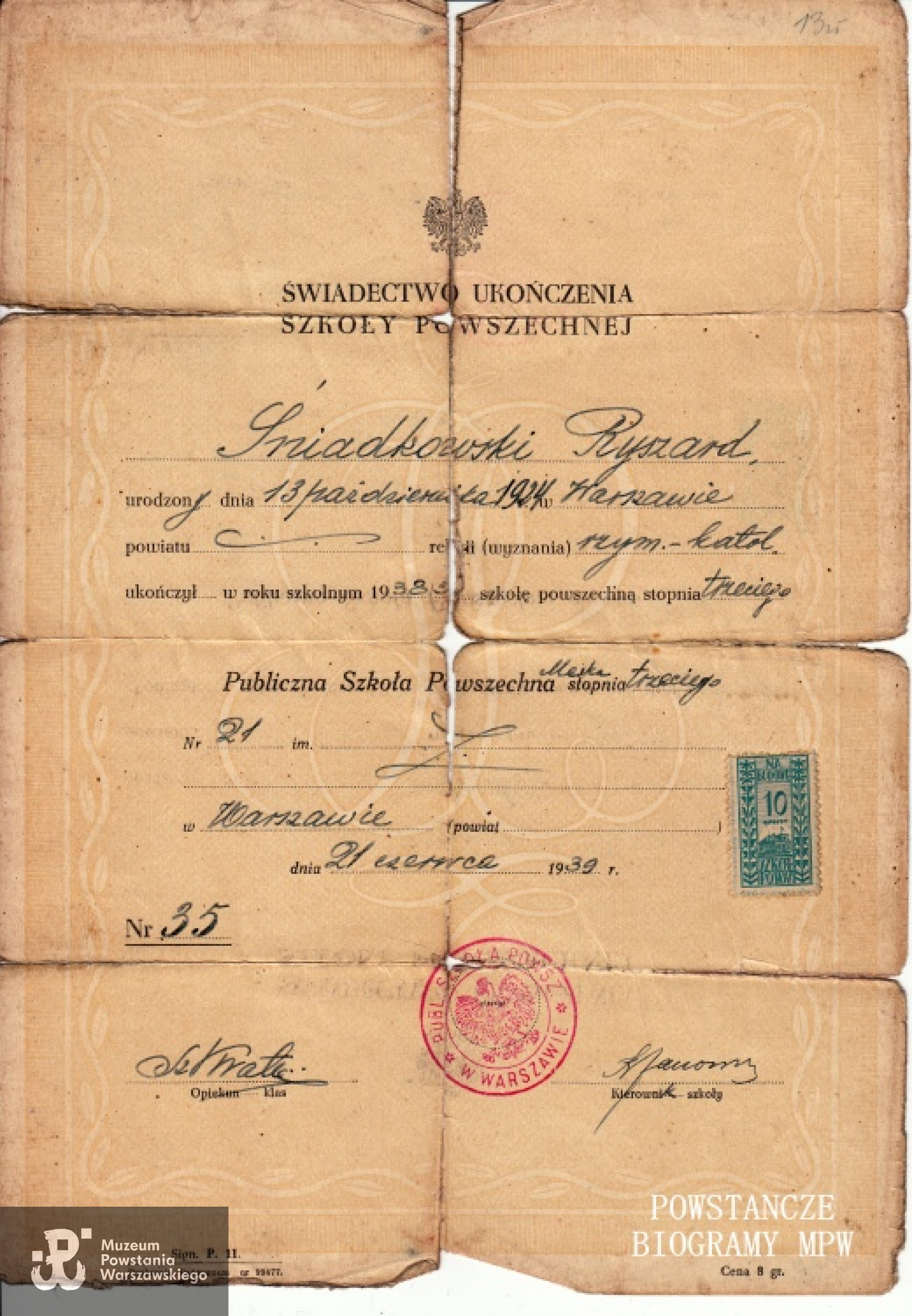 Świadectwo ukończenia szkoły powszechnej - 21 czerwca 1939 r.  Z archiwum rodzinnego Lecha Drągowskiego.