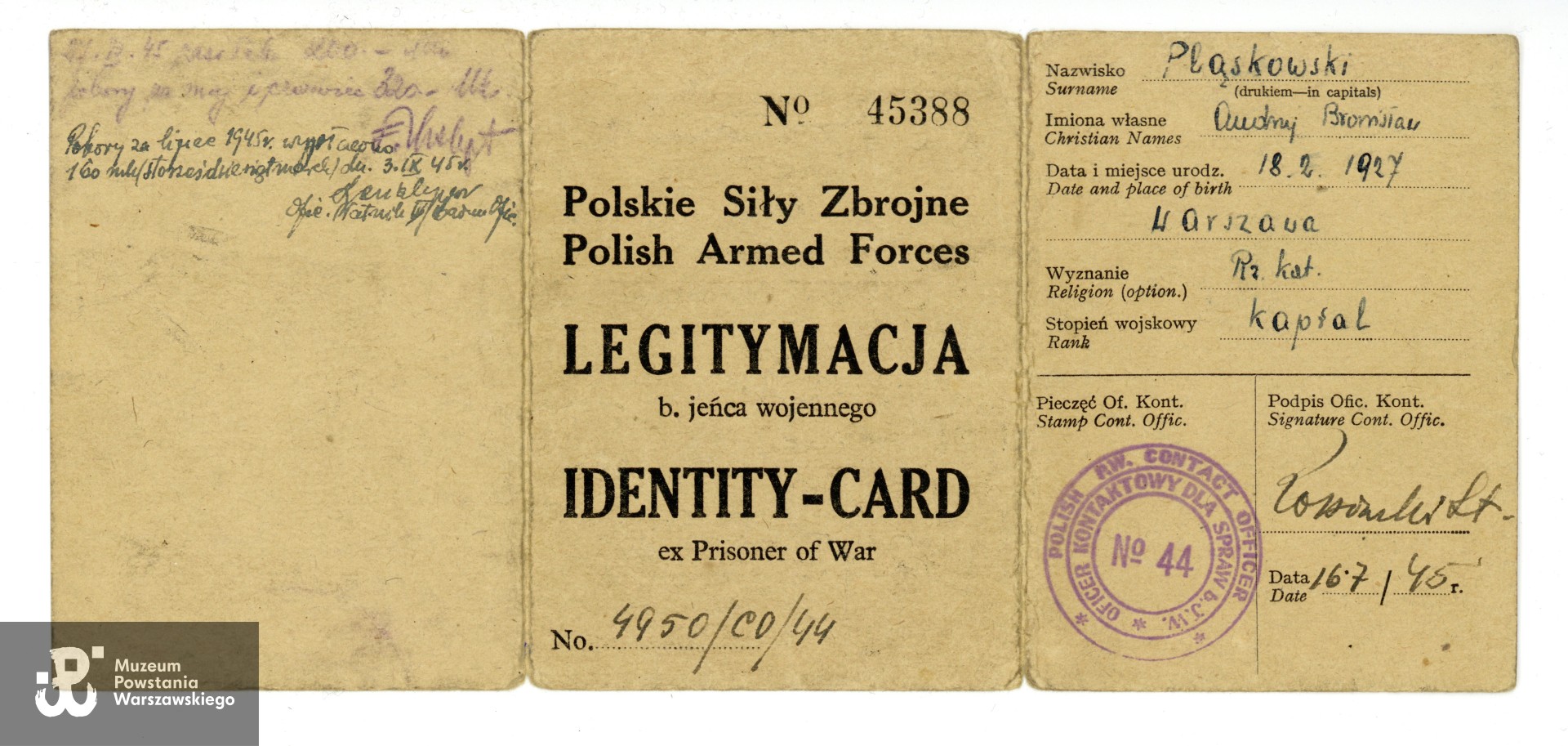 Należąca do Andrzeja Pląskowskiego Legitymacja Byłego Jeńca Wojennego. Dokument  ze zbiorów rodzinnych p. Andrzeja Pląskowskiego. Skan wykonano w Muzeum Powstania Warszawskiego, 2016