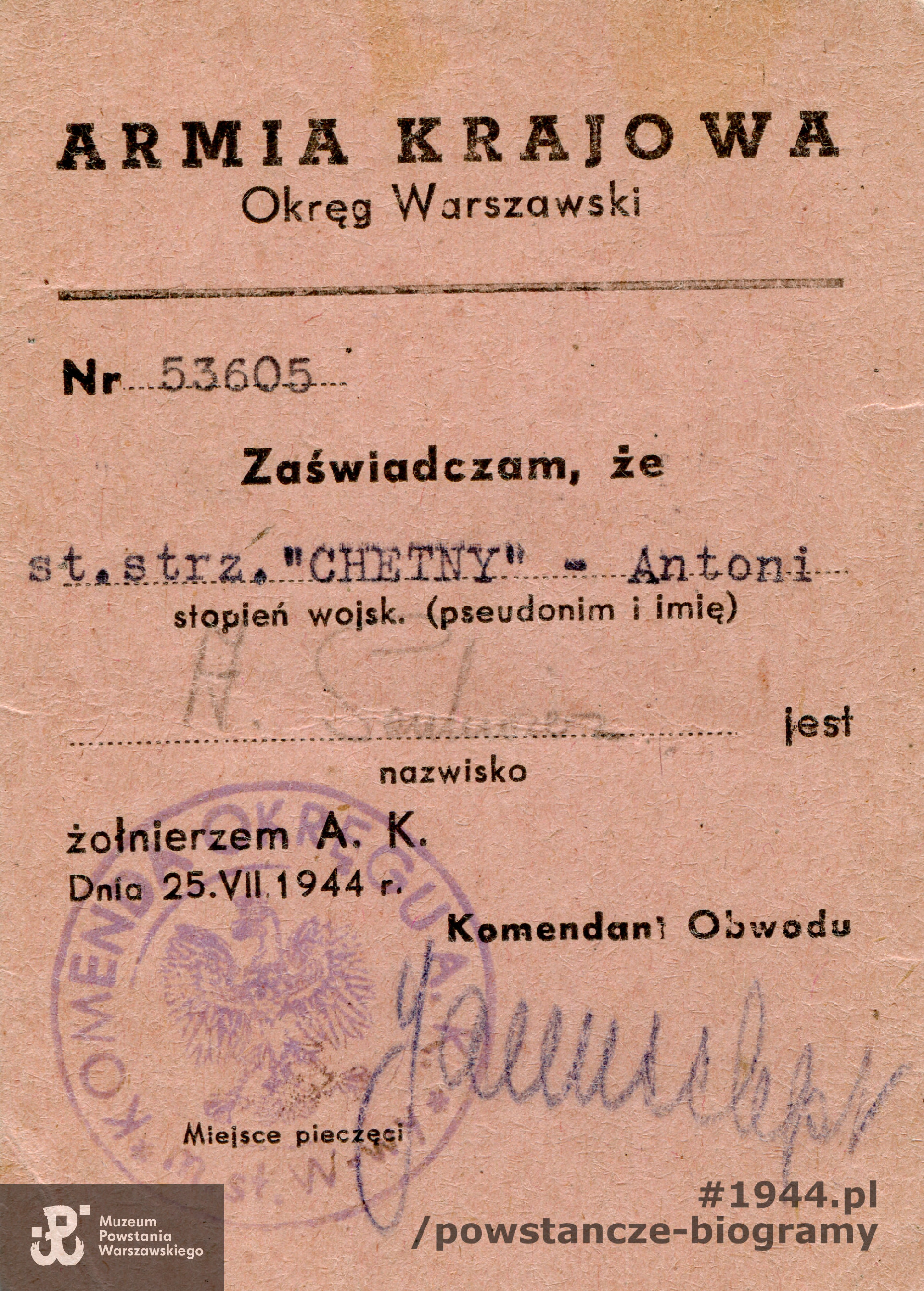 Należąca do kpr. Antoniego Saulewicza  legitymacja Armii Krajowej. Ze zbiorów Muzeum Powstania Warszawskiego, sygn. P/8805, dar Antoniego Saulewicza