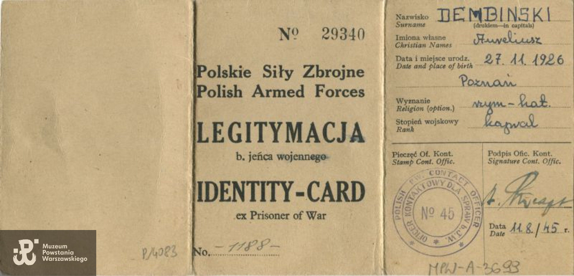 Należąca do Aureliusza Zenona Dembińskiego legitymacja b. jeńca wojennego nr 1188. Ze zbiorów Muzeum Powstania Warszawskiego, sygn. MPW-A-3699 