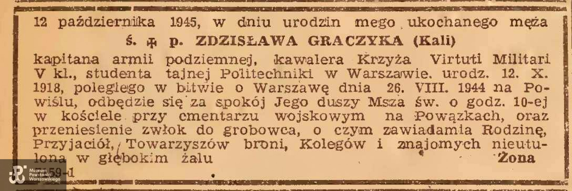 Nekrolog prasowy. Udostępnił p. Jan Wawszczyk - www.facebook.com/groups: Biogramy Powstańców Warszawskich – uzupełnienia
