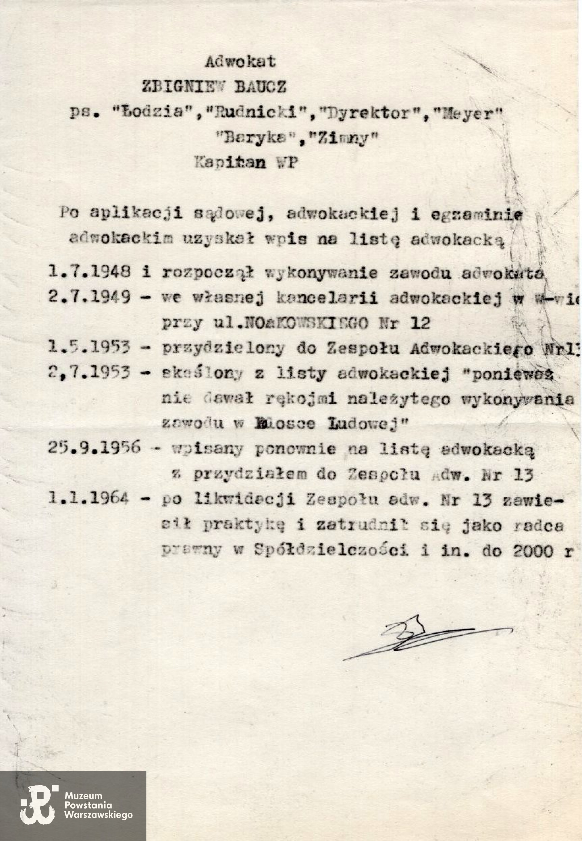 Muzeum Powstania Warszawskiego, Teczki personalne uczestników Powstania Warszawskiego: Baucz Zbigniew, zbiory Pokoju Kombatanta MPW,