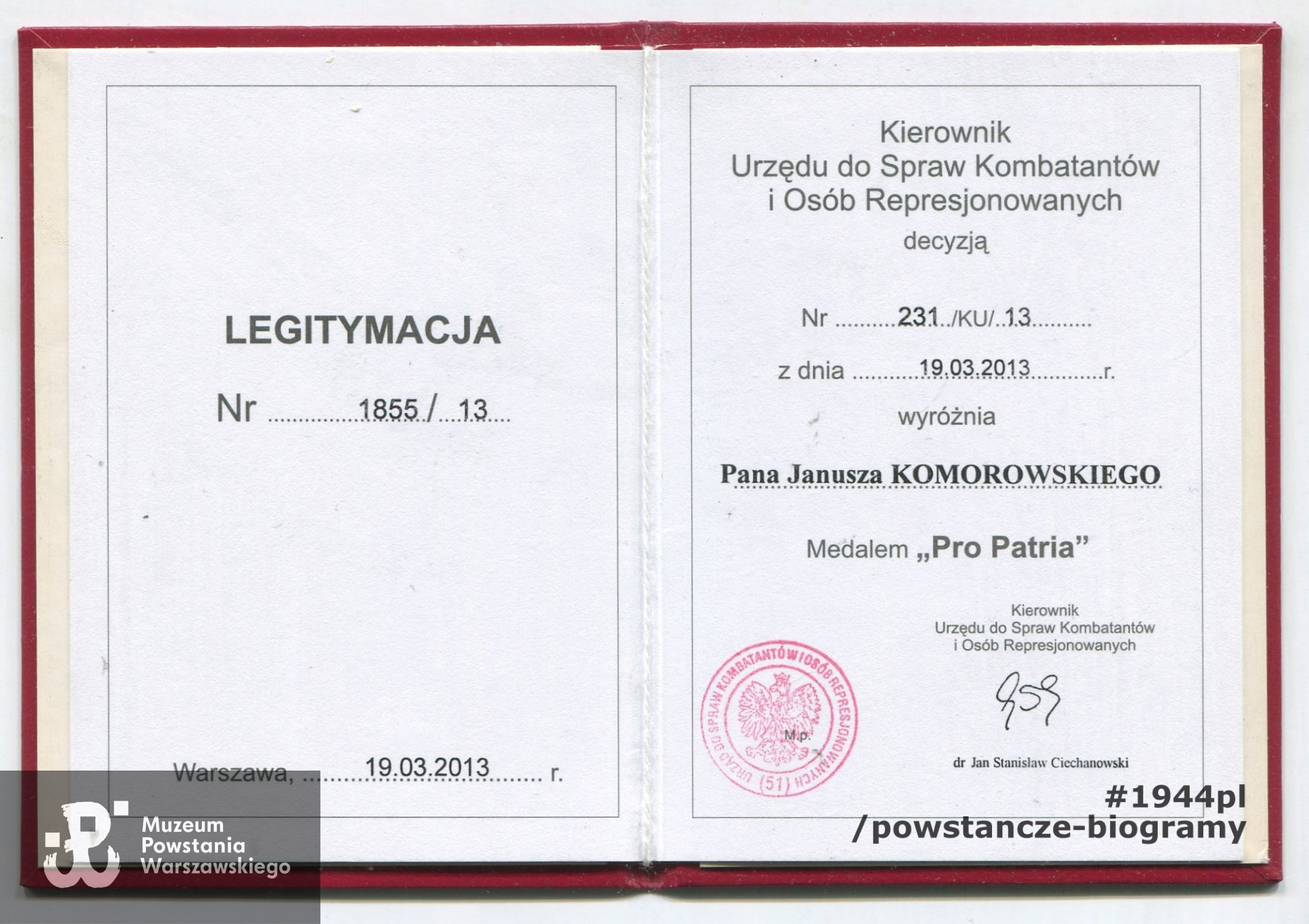 Legitymacja odznaczeniowa ze zbiorów p. Janusza Komorowskiego ps. „Antek”. Skan - materiały do Słownika Uczestników PW/Pokój Kombatanta MPW