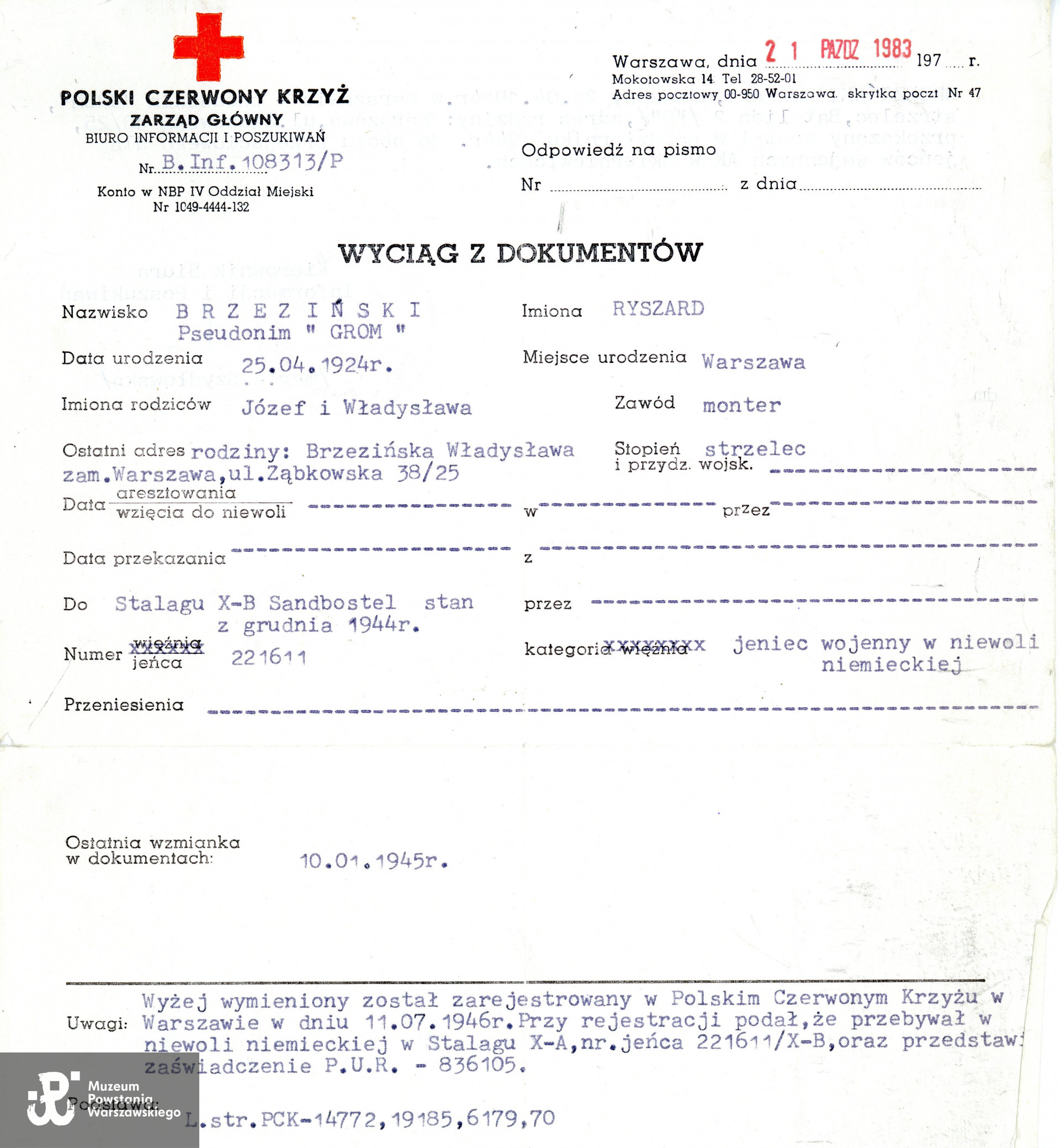 Wyciąg z dokumentów PCK. MPW-zbiory: P/3755