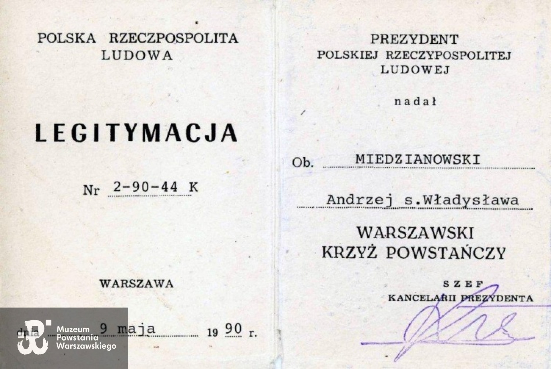 Legitymacja Warszawskiego Krzyża Powstańczego - Warszawa 1990