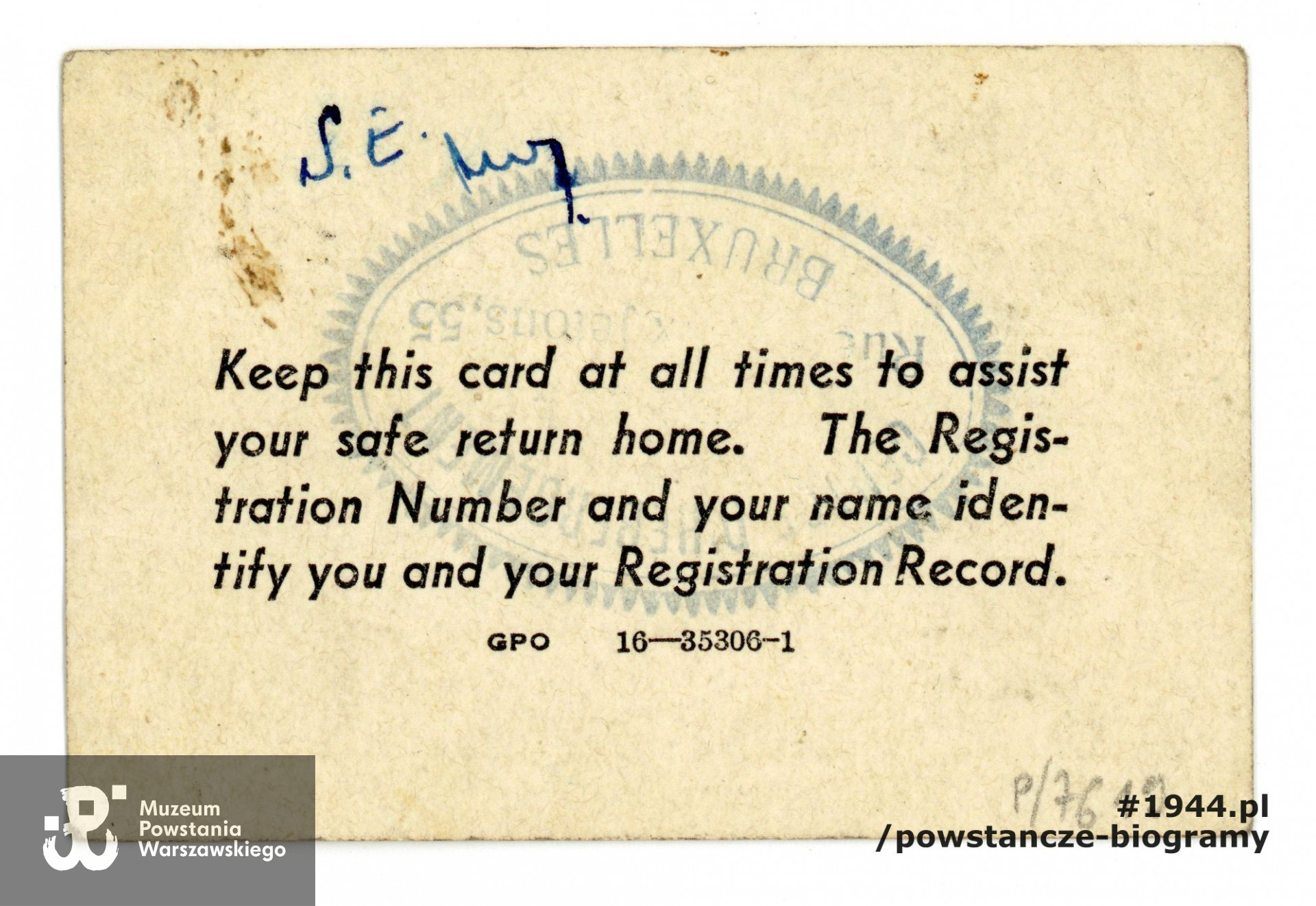 Allied Expeditionary Force D.P. Index Card - rewers. Ze zbiorów Muzeum Powstania Warszawskiego, sygn. P/7619,  dar Emilii Hildebrandt