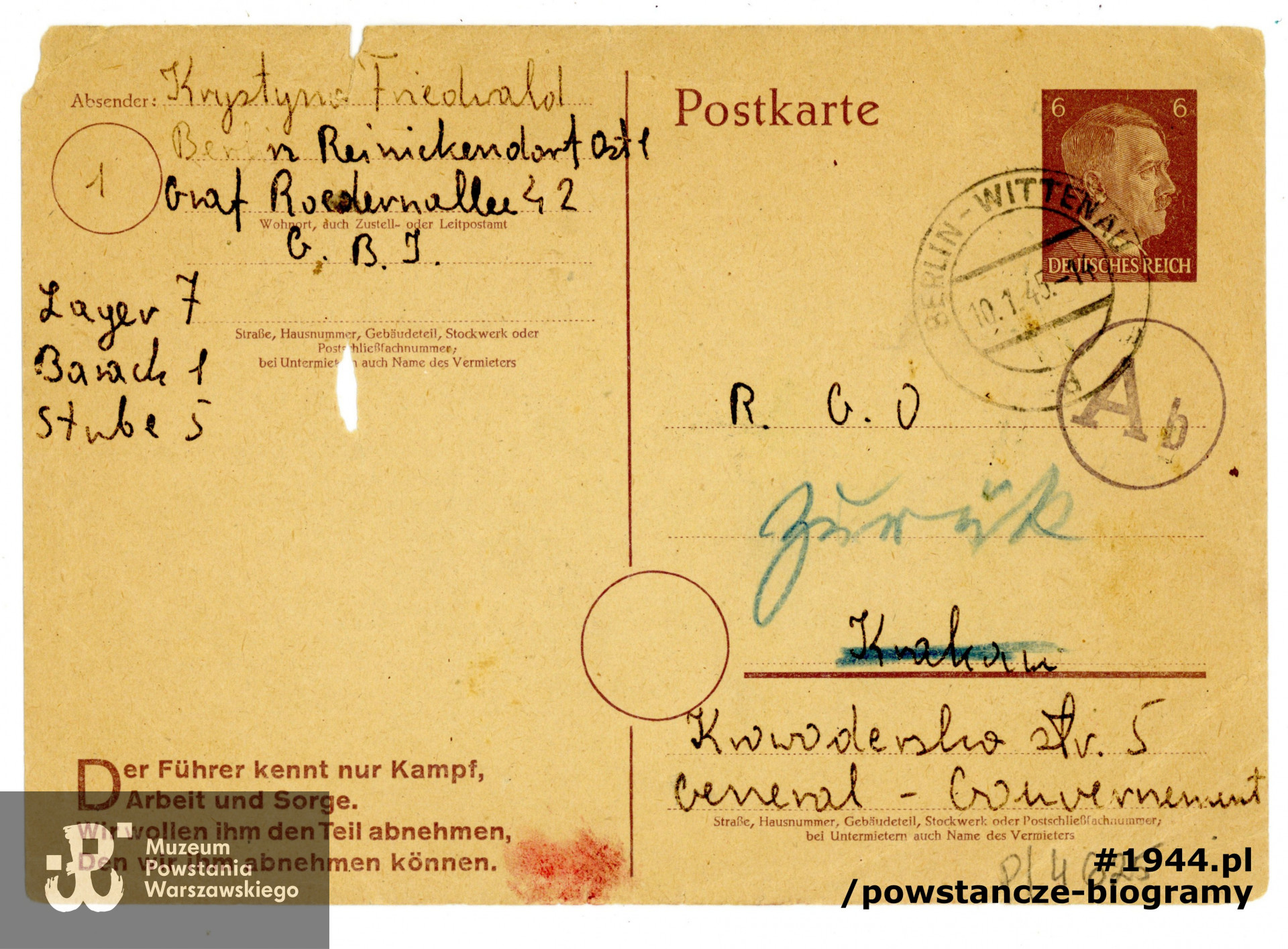 Kartka  do RGO w Krakowie nadana z Berlina przez Krystynę Friedwald, 10.01.45r. - poszukiwanie rodziny. Ze zbiorów Muzeum Powstania Warszawskiego, sygn.  P/4625