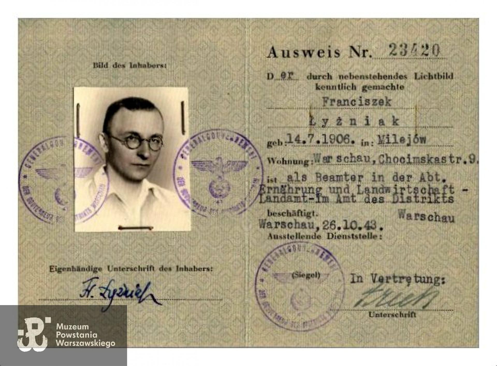 Fałszywy Ausweis wystawiony na nazwisko "Franciszek Łyżniak". Fot. ze zbiorów SPPW 1944