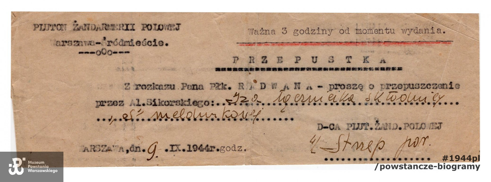 Przepustka przez Aleję Sikorskiego wystawiona dla łączniczki "Izy", dn. 09.09.1944. Ze zbiorów Muzeum Powstania Warszawskiego, sygn. MPW-A-5975 (P/5750/07)
