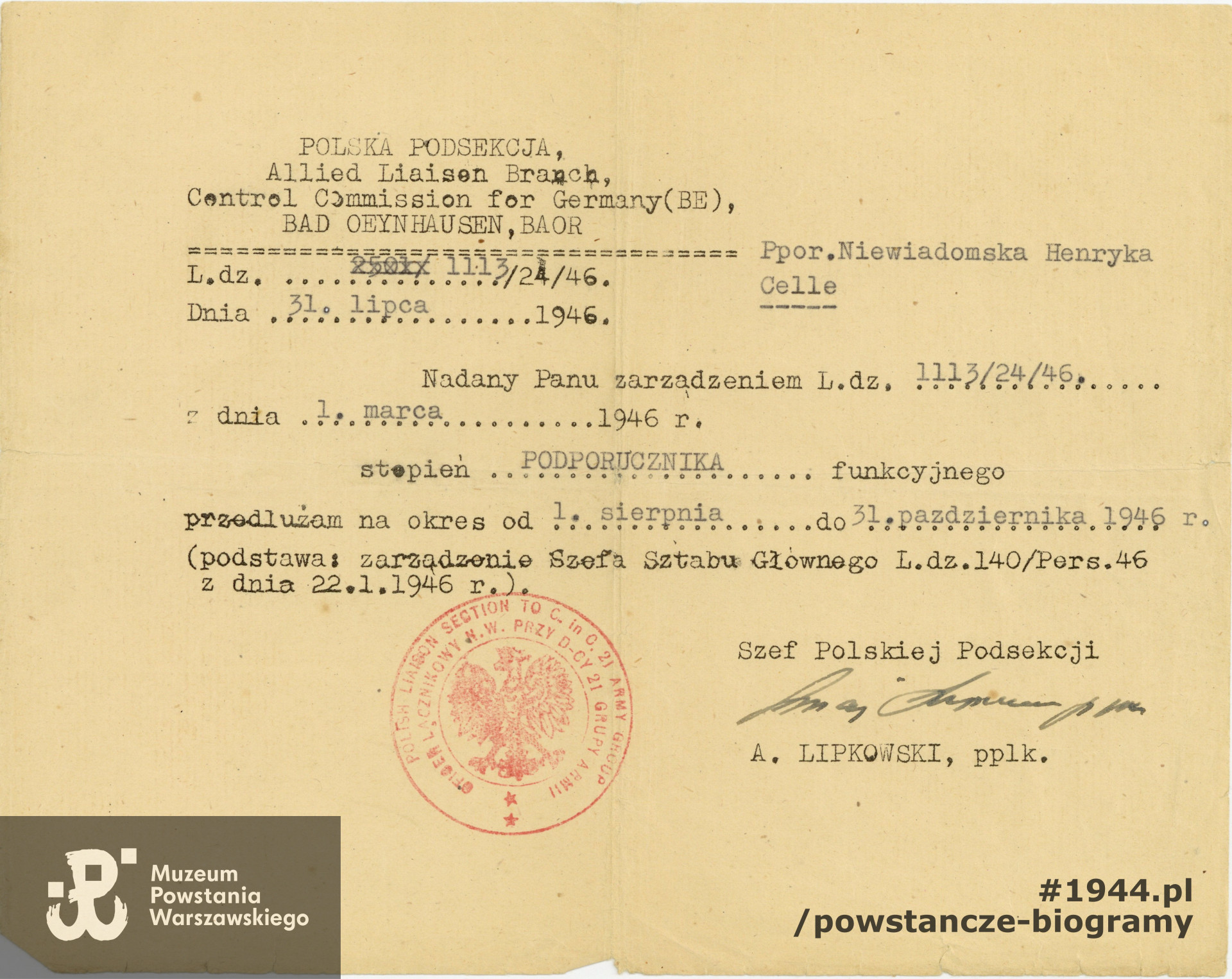 Dokument wystawiony w 1946 roku.  Archiwum rodzinne, obecnie w zbiorach Muzeum Powstania Warszawskiego, dar p. Adama Białka