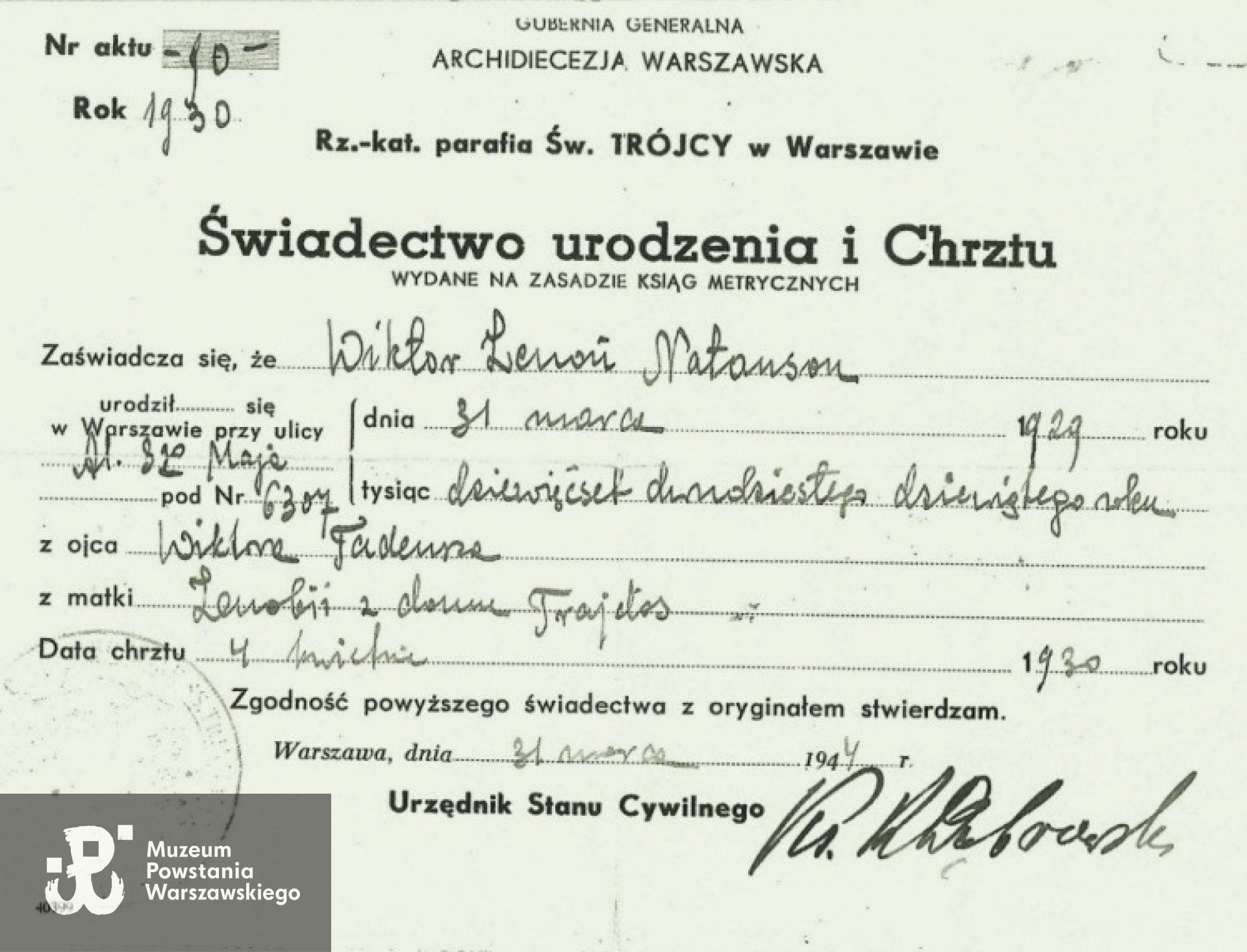 Wiktor Natanson - świadectwo urodzenia