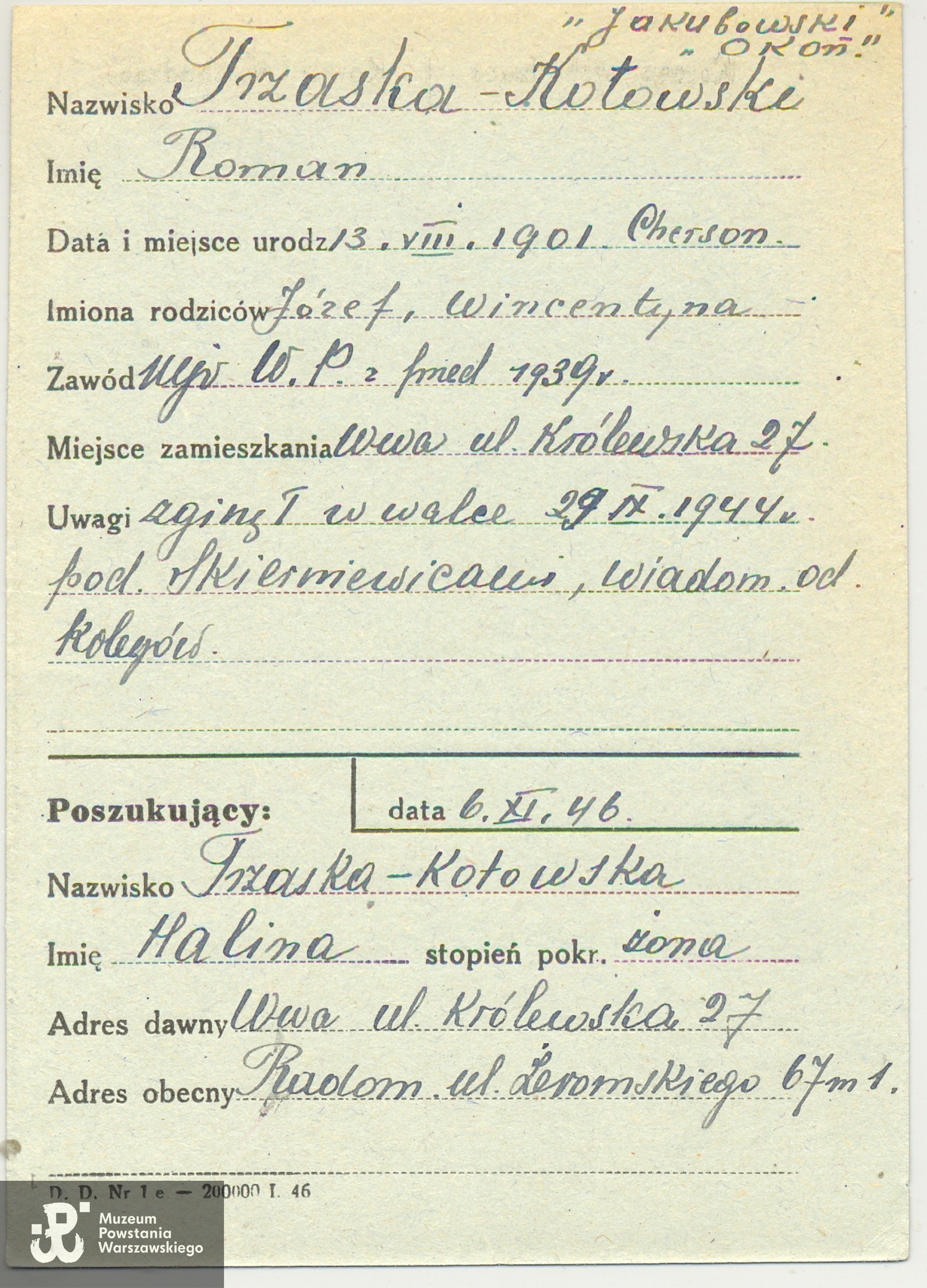 Polski Czerwony Krzyż - poszukiwanie żony Heleny Trzaska-Kotowskiej