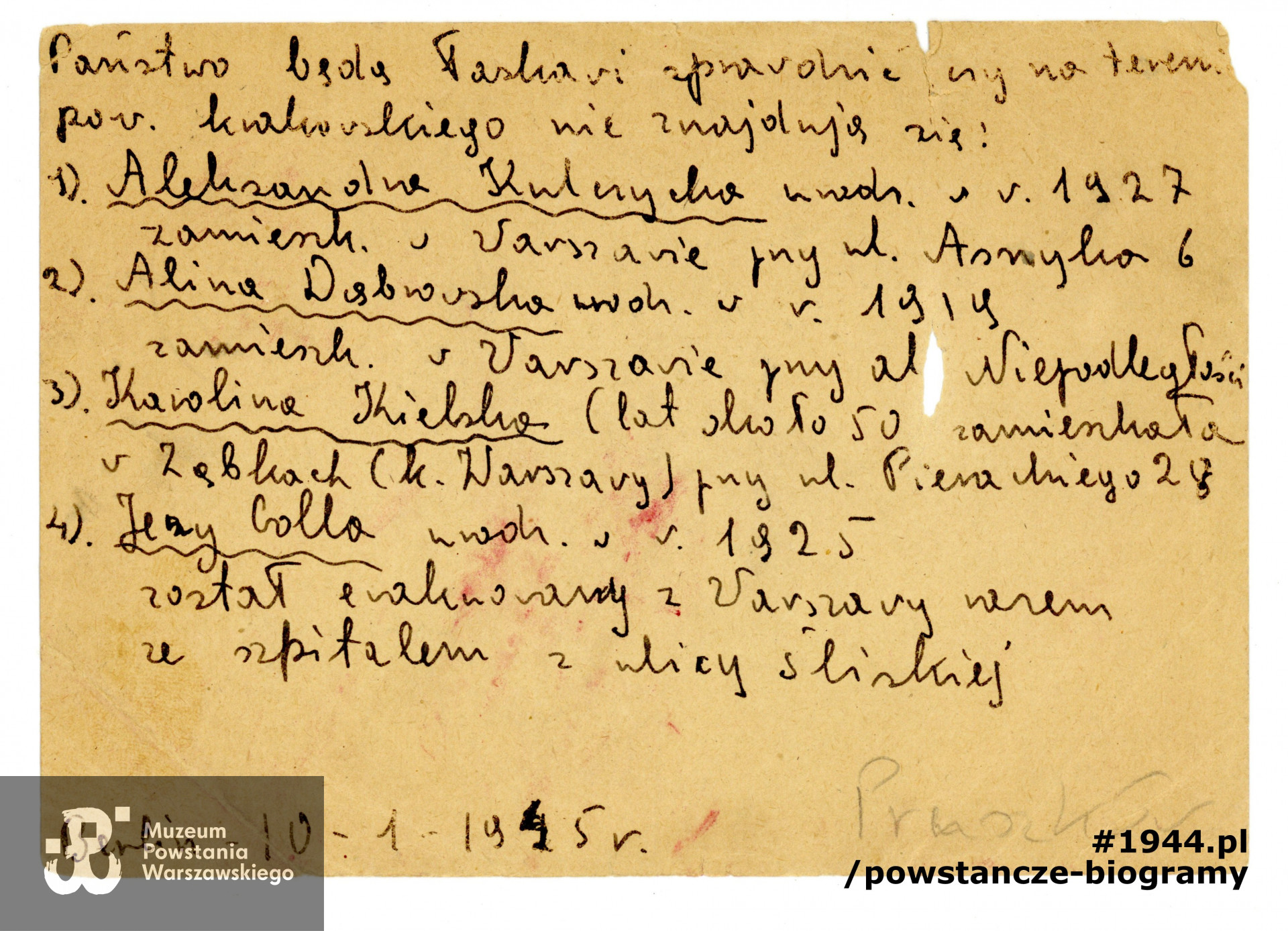 Kartka  do RGO w Krakowie nadana z Berlina przez Krystynę Friedwald, 10.01.45r. - poszukiwanie rodziny. Ze zbiorów Muzeum Powstania Warszawskiego, sygn.  P/4625