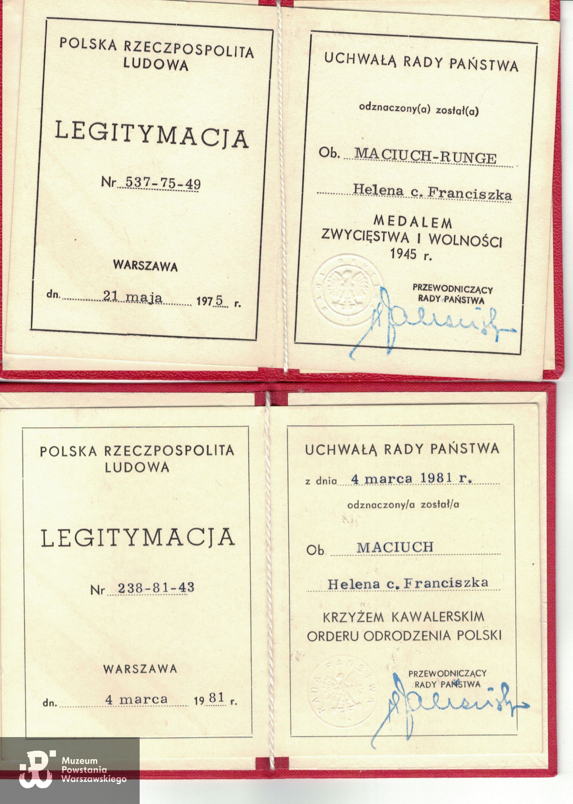 Legitymacje odznaczeniowe Heleny Habas-Maciuch-Runge, skan nadesłał p. Tadeusz Habas, bratanek p. Heleny