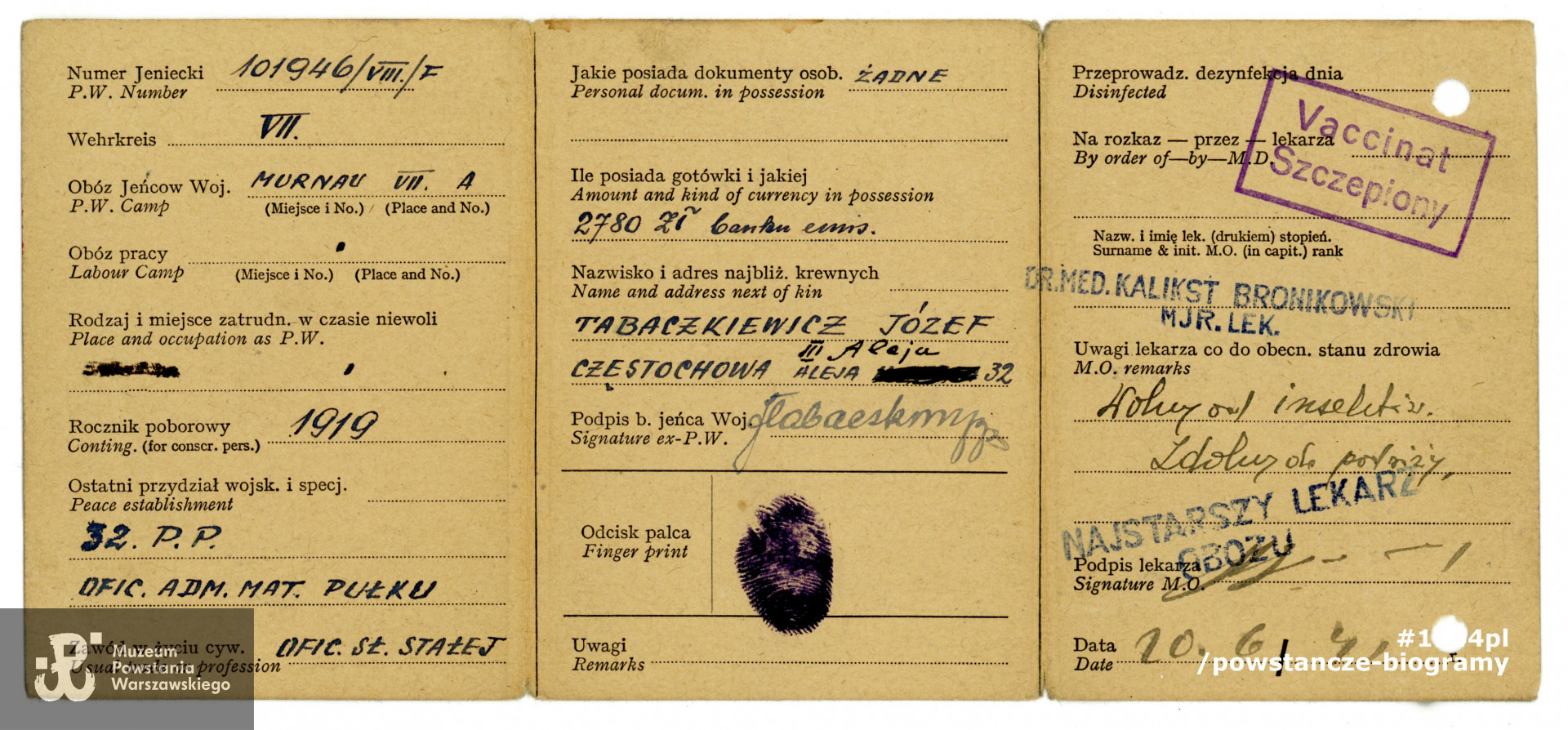 Legitymacja byłego jeńca wojennego wystawiona na nazwisko Józef Tabaczkiewicz. Dokument ze zbiorów Muzeum Powstania Warszawskiego, sygn. P/9080/18