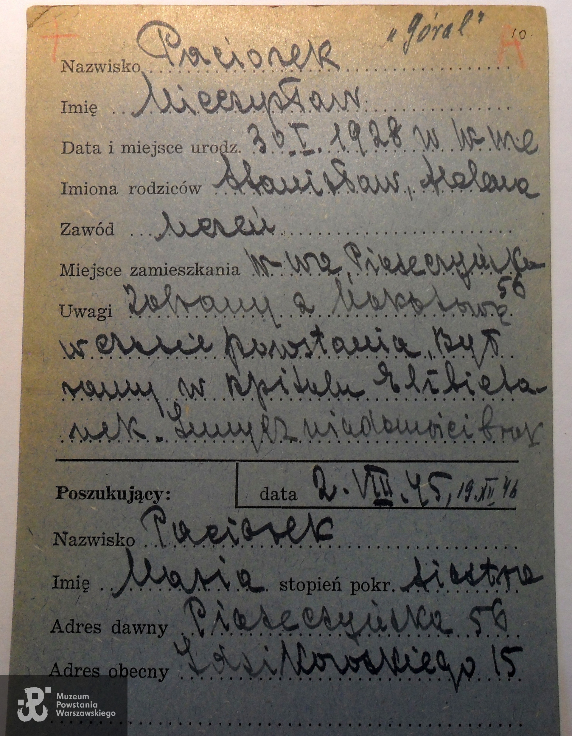 Polski Czerwony Krzyż - kartoteka - poszukiwania poległego prowadzone przez siostrę Marię Paciorek ps. Aniela