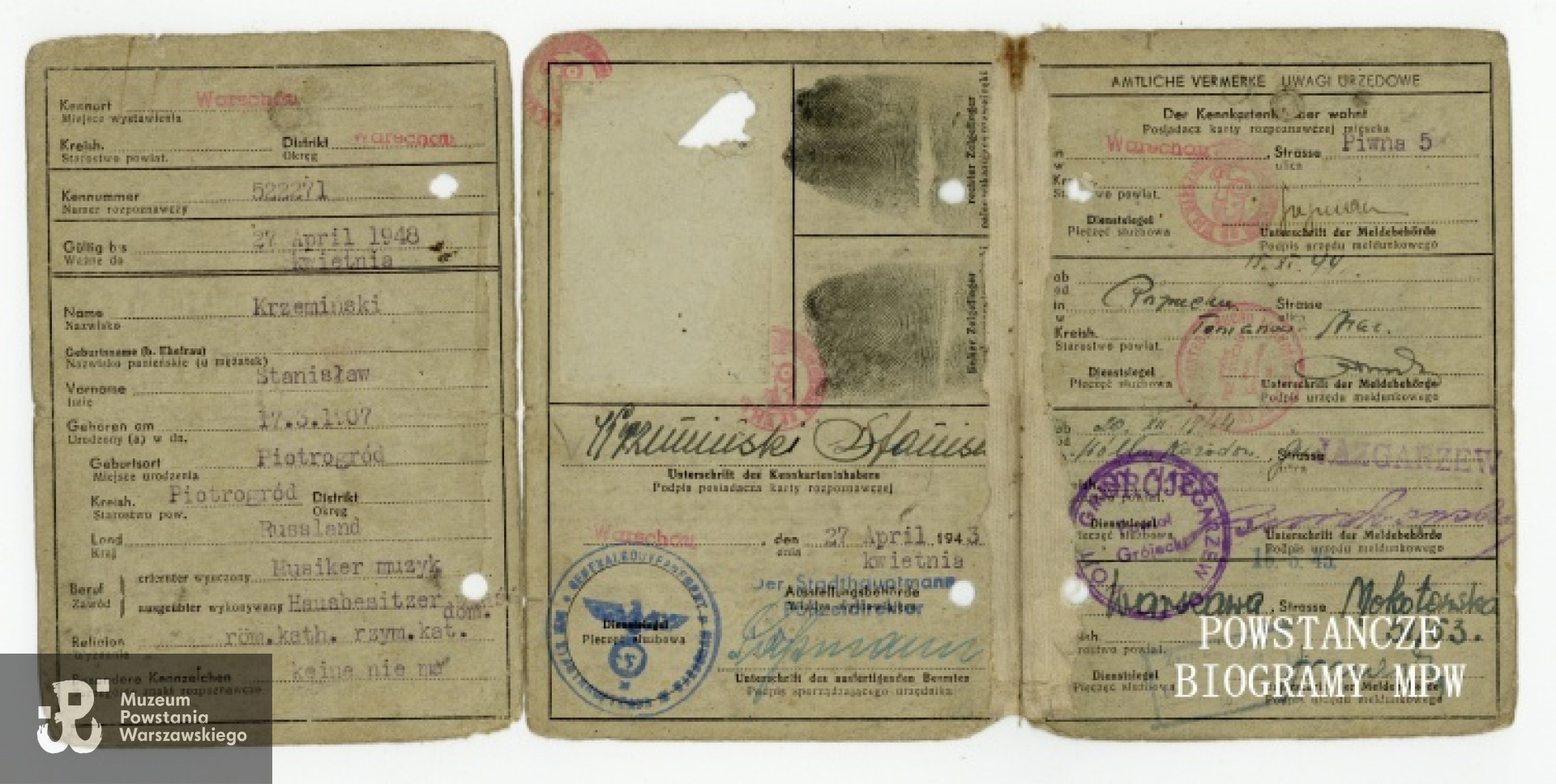 Okupacyjna kenkarta Stanisława Krzemińskiego. Z archiwum rodzinnego córki.