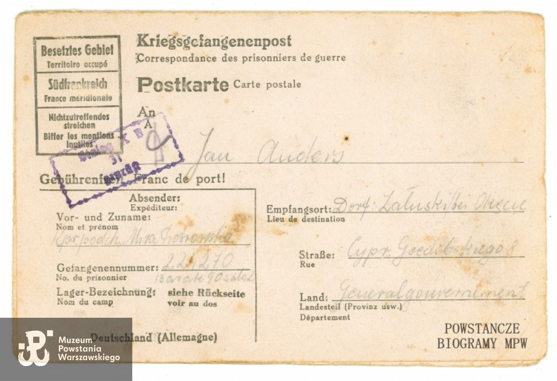 Korespondencja obozowa - list pchor. Miry Piotrowskiej wysłany do Jana Andersa ze Stalagu X B. Fot. archiwum rodzinne