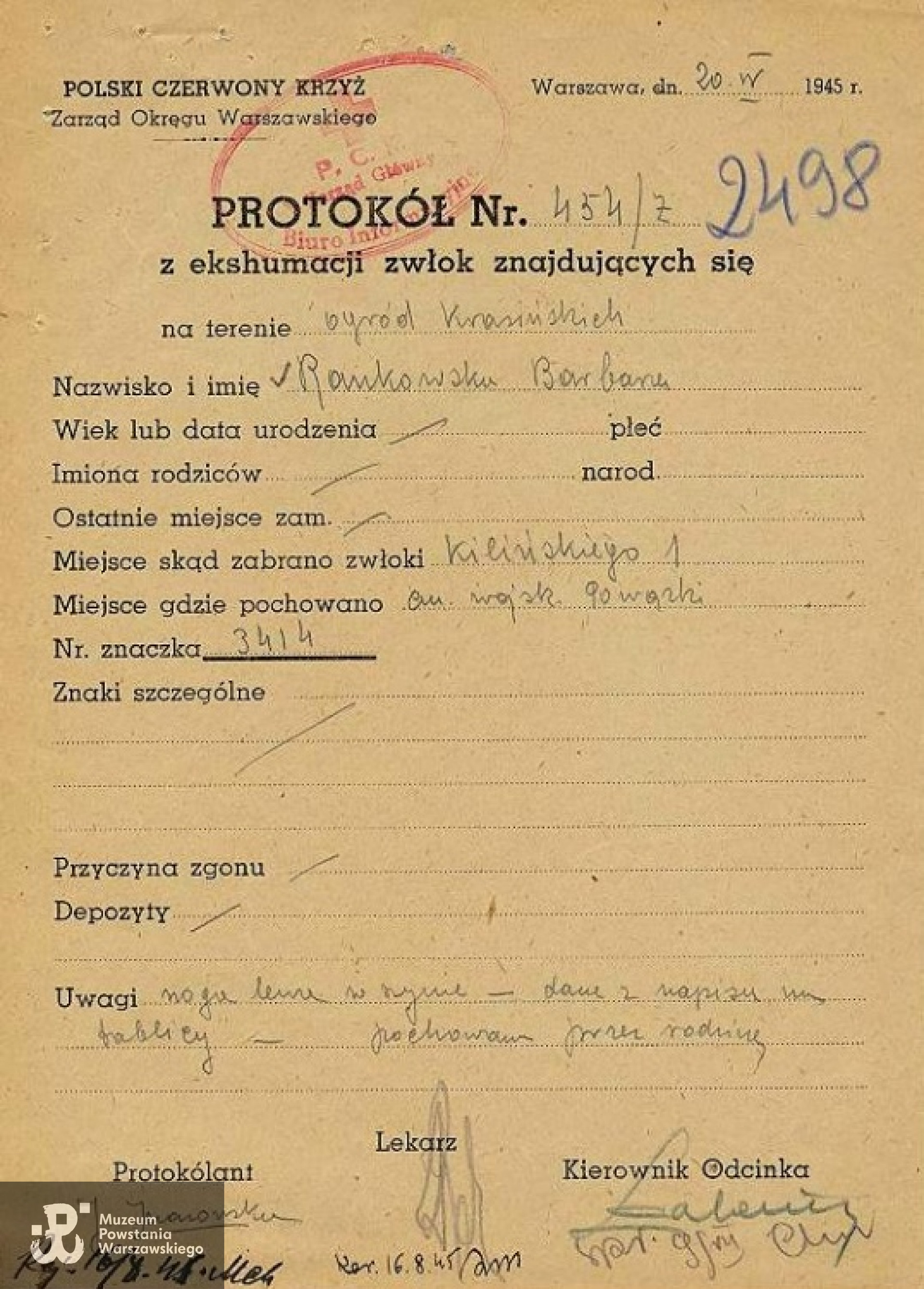 Protokół ekshumacyjny ze zbiorów Polskiego Czerwonego Krzyża