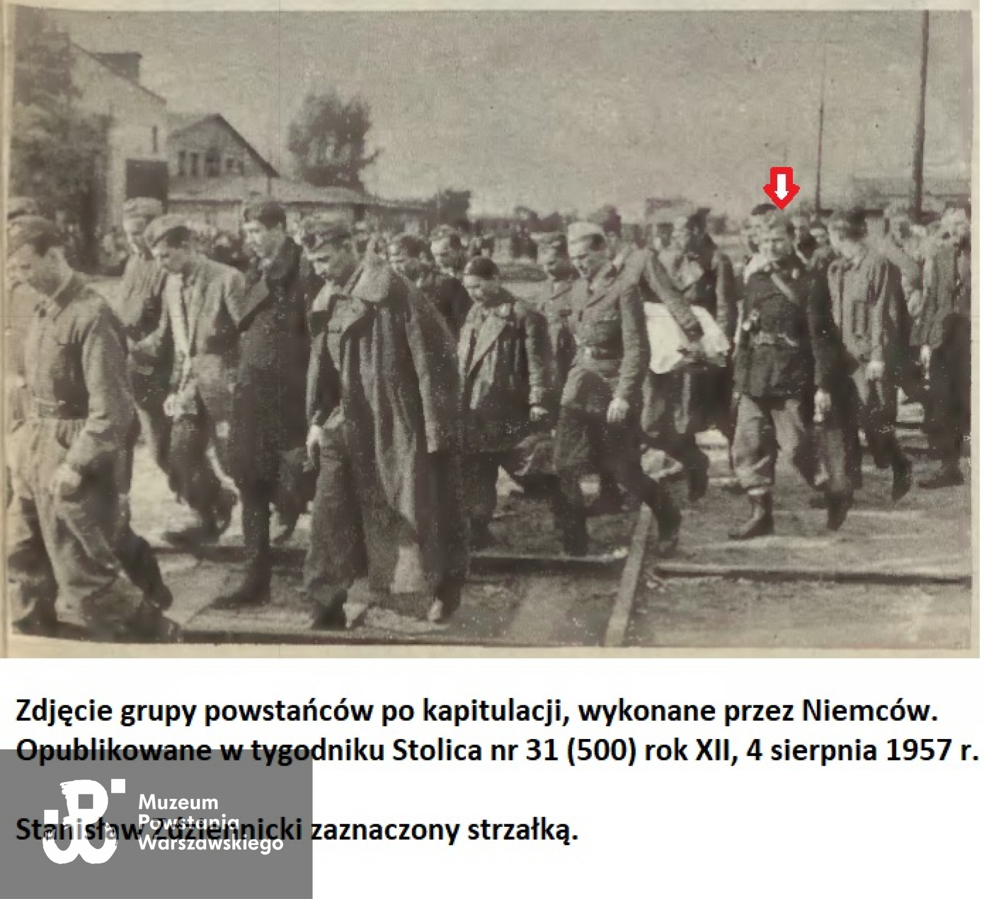 Grupa Powstańców wychodzących po Powstaniu do niewoli, zdjęcie niemieckie, opublikowane w powojennej prasie (Tygodnik Stolica, nr 31 (500) z 4 VIII 1957 r. Skan udostępnił  p. Paweł  Zdziennicki. według identyfikacji rodzinnej żołnierz zaznaczony strzałką to Stanisław Eugeniusz Zdziennicki. Tożsamość jeńca nie została przez MPW  ustalona.