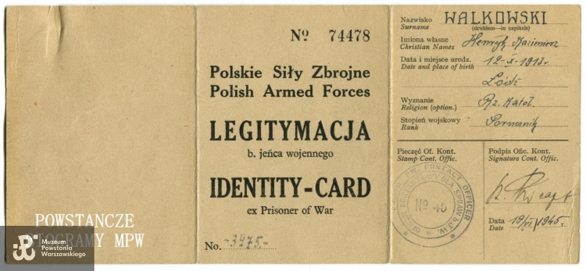 Legitymacja b. jeńca wojennego - PSZ. Fot. archiwum rodzinne