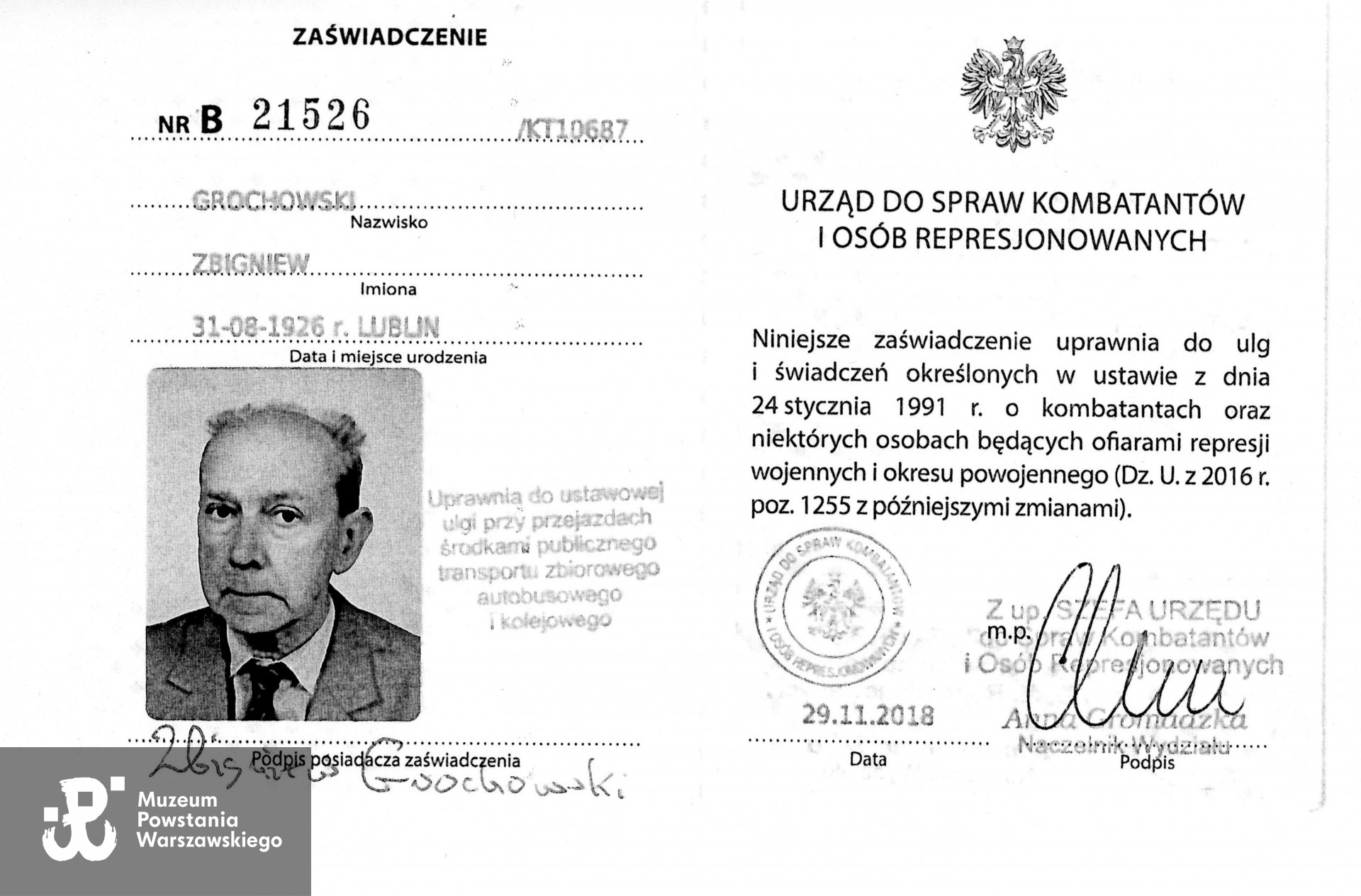 Muzeum Powstania Warszawskiego, Teczki personalne uczestników Powstania Warszawskiego: Grochowski Zbigniew