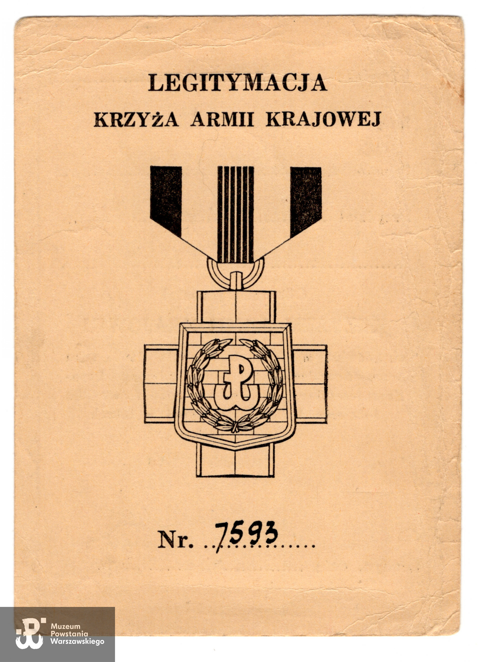 Legitymacja odznaczeniowa: Krzyż Armii Krajowej. Ze zbiorów rodzinnych p. Danuty Szydłowskiej