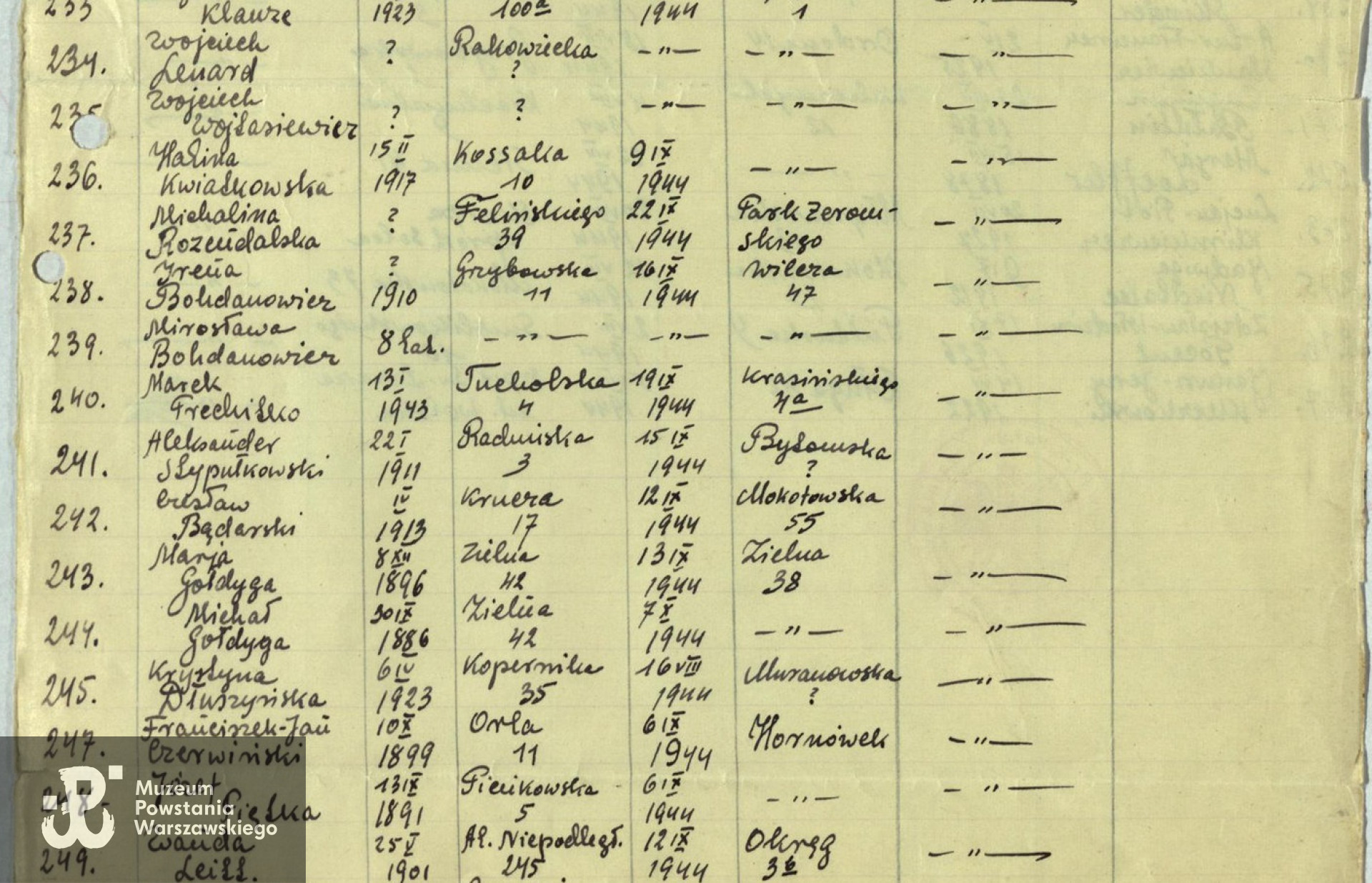 Archiwum Państwowe m. st. Warszawy - fragment listy ekshumowanych