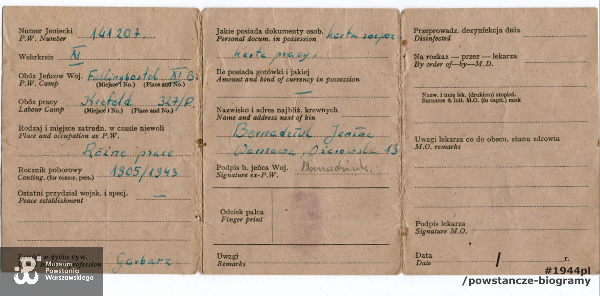 Legitymacja byłego jeńca wojennego - rewers.  Ze zbiorów Muzeum Powstania Warszawskiego, sygn. P/9177, dar p. Mirosława Wieczerzaka