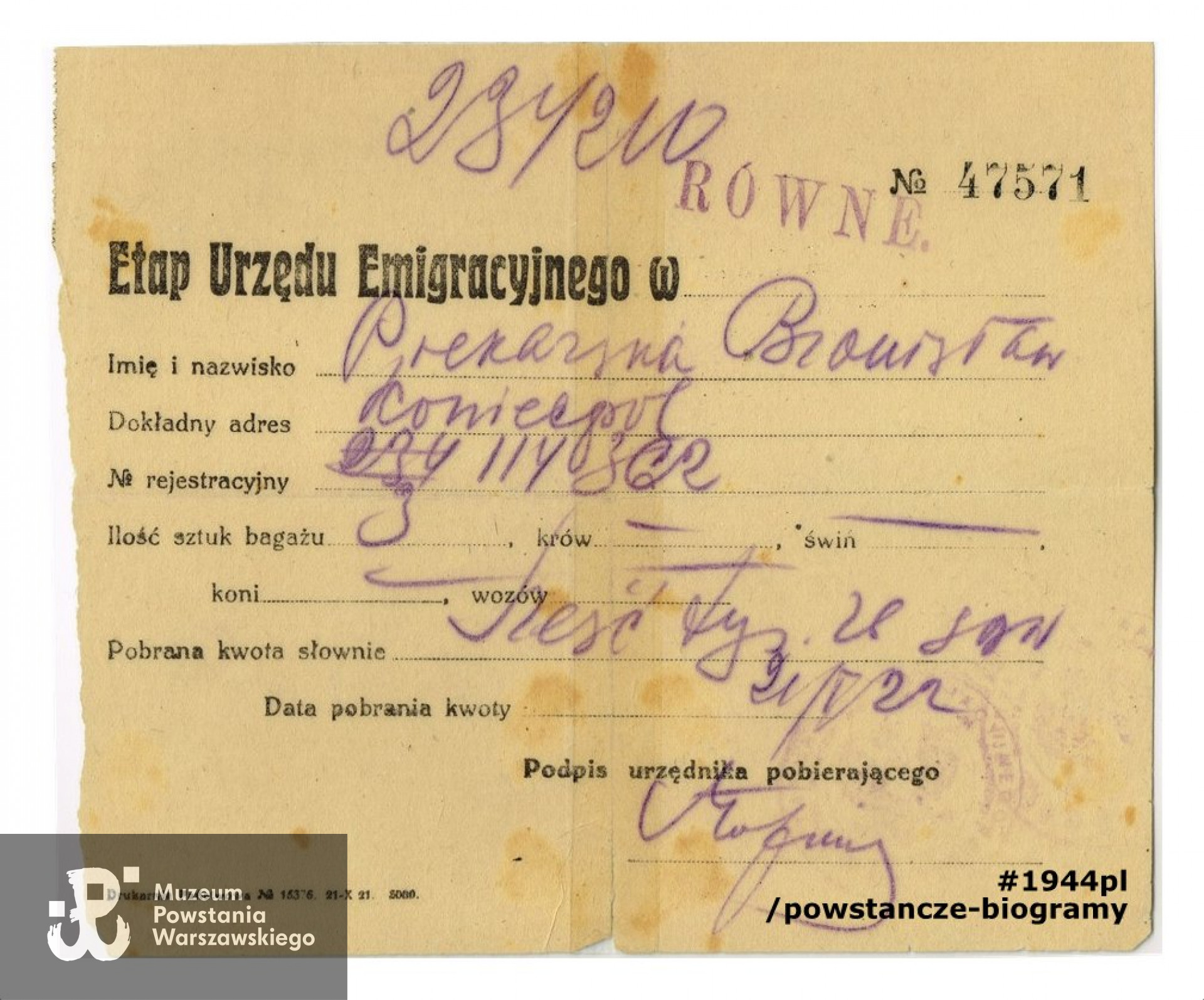 Dokument urzędowy - 21.01.1922, etap Urzędu Emigracyjnego w Równem. Z archiwum rodzinnego p. Małgorzaty Karoliny Piekarskiej, wnuczki