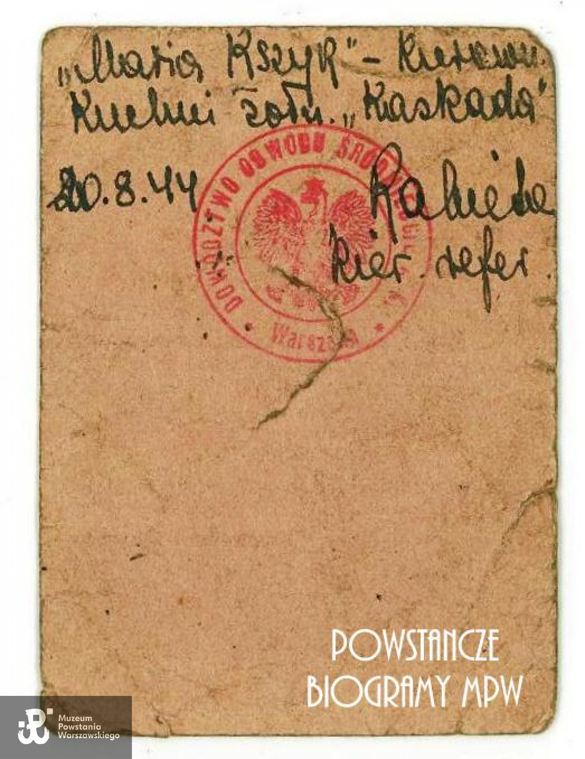 Należąca do Haliny Dąmbskiej 'Marii Kszyk" legitymacja Armii Krajowej. Materiały do Słownika Biograficznego Uczestników PW, archiwum rodzinne