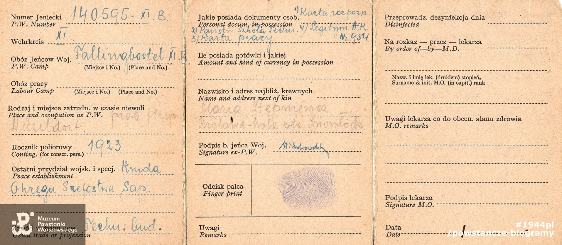 Legitymacja byłego jeńca wojennego (ang.  Identity Card ex Prisoner of War). Ze zbiorów Muzeum Powstania Warszawskiego, sygn. MPW-A-6404 (P/6169)