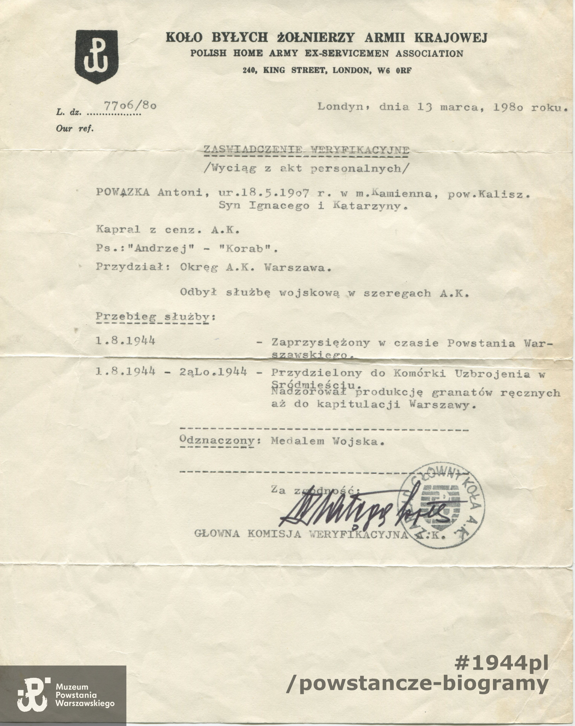 Zaświadczenie weryfikacyjne wystawione przez Koło Byłych Żołnierzy AK w Londynie. Ze zbiorów rodzinnych