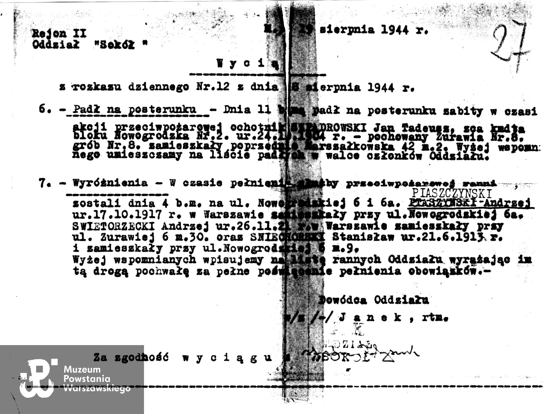 Wyciąg z rozkazu dziennego nr 12 z dn. 18 VIII 1944, Rejon II, Oddział „Sokół”, mp. 29 VIII 1944, podpisano rtm. „Janek" (Eugeniusz Morozowicz).