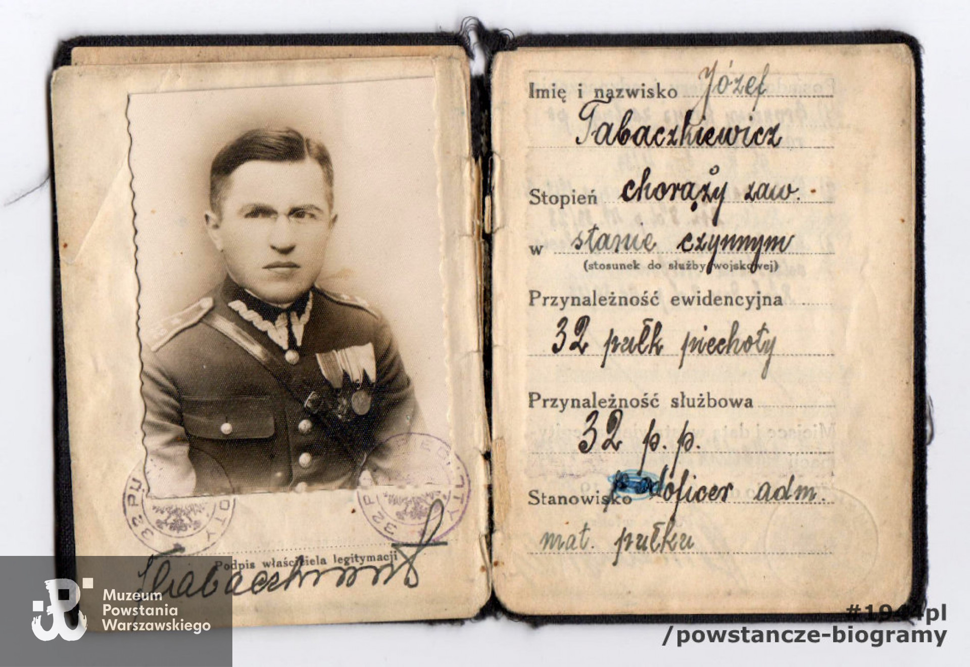Legitymacja osobista (ze zdjęciem) wystawiona przez Ministerstwo Spraw Wojskowych na nazwisko Józef Tabaczkiewicz. Ze zbiorów p. Tomasza Tabaczkiewicza 