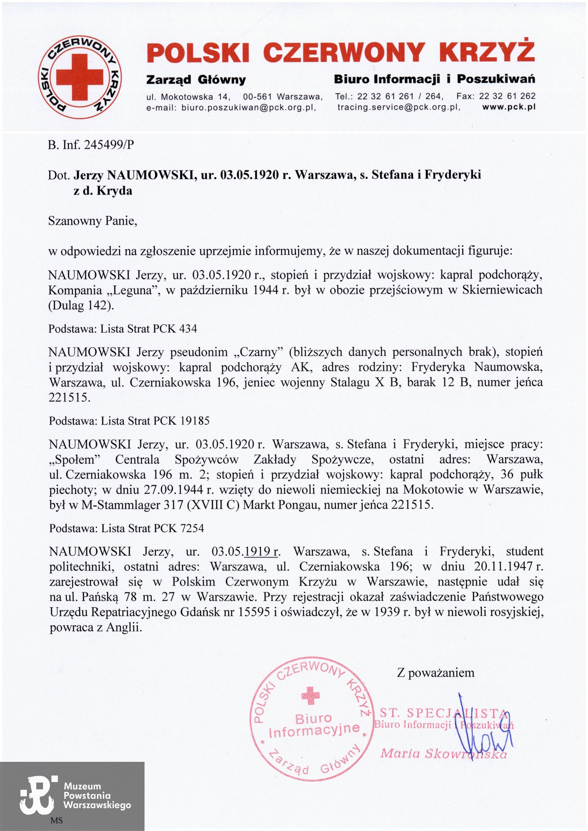 Pismo Biura Informacji i Poszukiwań PCK, 2018 r. 