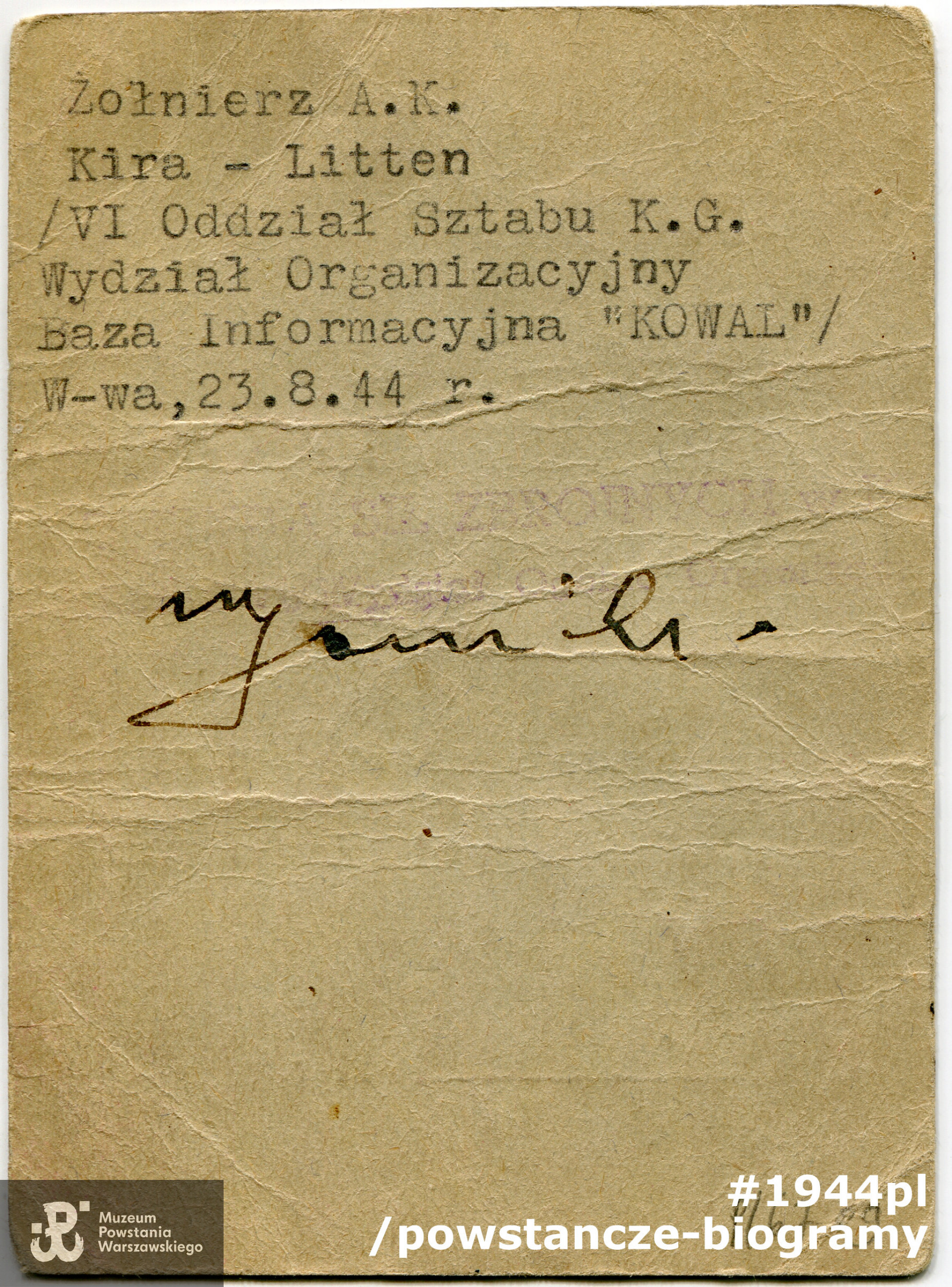 Przepustka Komendy Okręgu Armii Krajowej w Warszawie wystawiona 5.08.1944 r. dla Ady Litten „Kira” uprawniająca do swobodne poruszanie się w obrębie miasta Warszawy (rewers), ze zbiorów Muzeum Powstania Warszawskiego nr akcesji P/6709