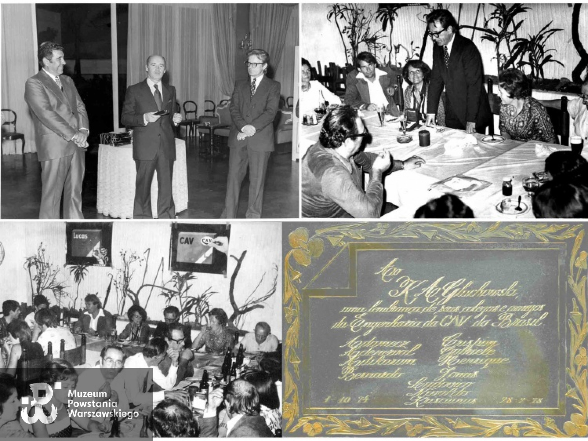 W São Paulo w 1976 roku Krzysztof Głuchowski ukończył 25 lat pracy w CAV - fotografie z uroczystości - oficjalnej z udziałem dyrektorów CAV i Lucas do Brasil i osobnej Wydziału Technicznego. Plakietka pamiątkowa od kolegów i przyjaciół z okazji powrotu do Europy. Z archiwum rodzinnego Krzysztofa Głuchowskiego.