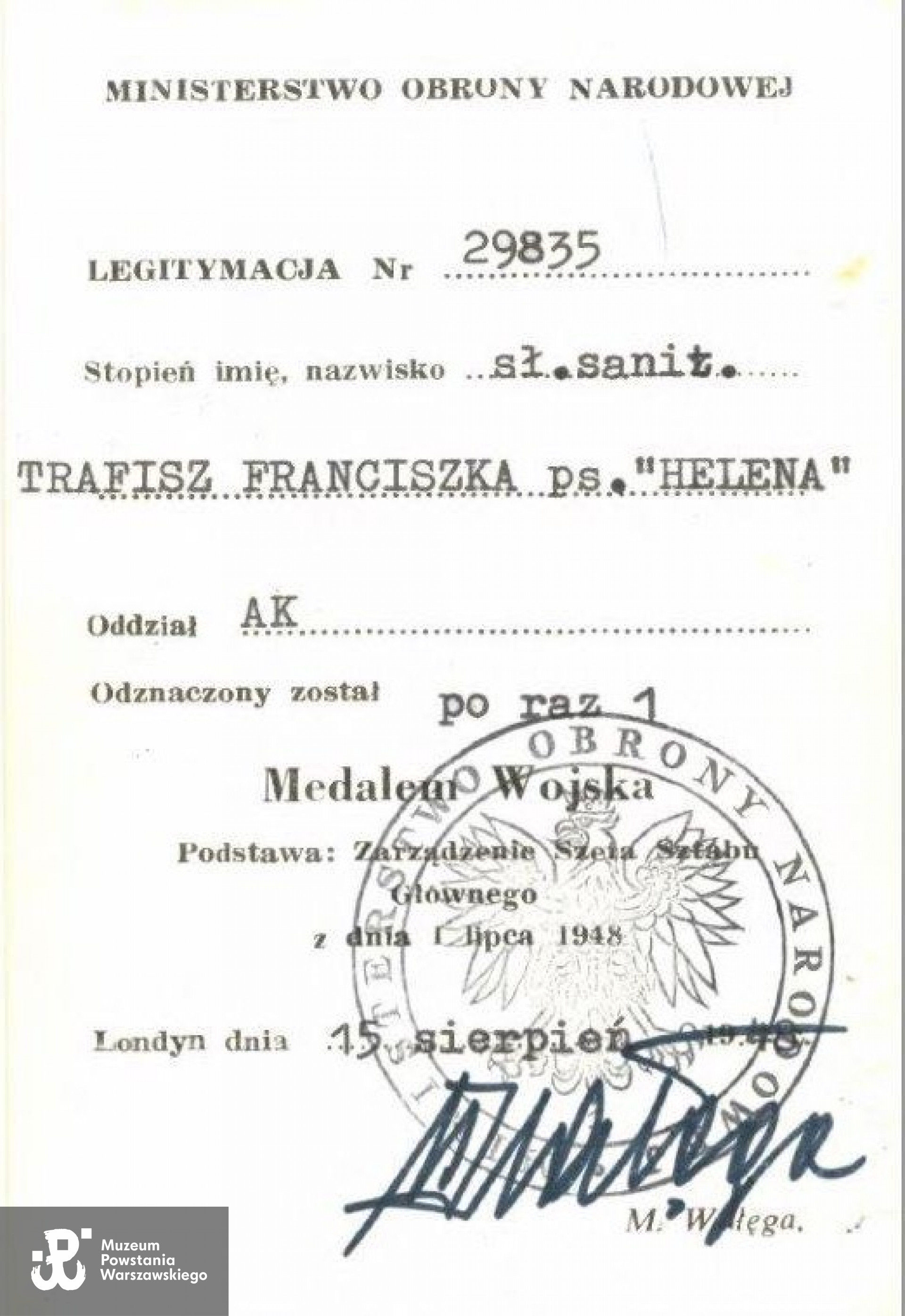 Legitymacja odznaczeniowa - Medal Wojska po raz 1. Skan dokumentu udostępnił p. Wojciech Czerwiński, syn Franciszki Trafisz (Czerwińskiej).