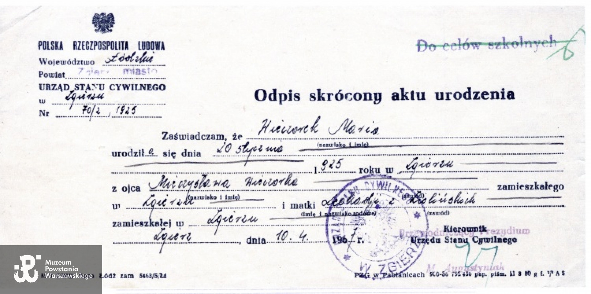 Kopia odpisu skróconego aktu urodzenia. Ze zbiorów Muzeum Powstania Warszawskiego, sygn. P/8272