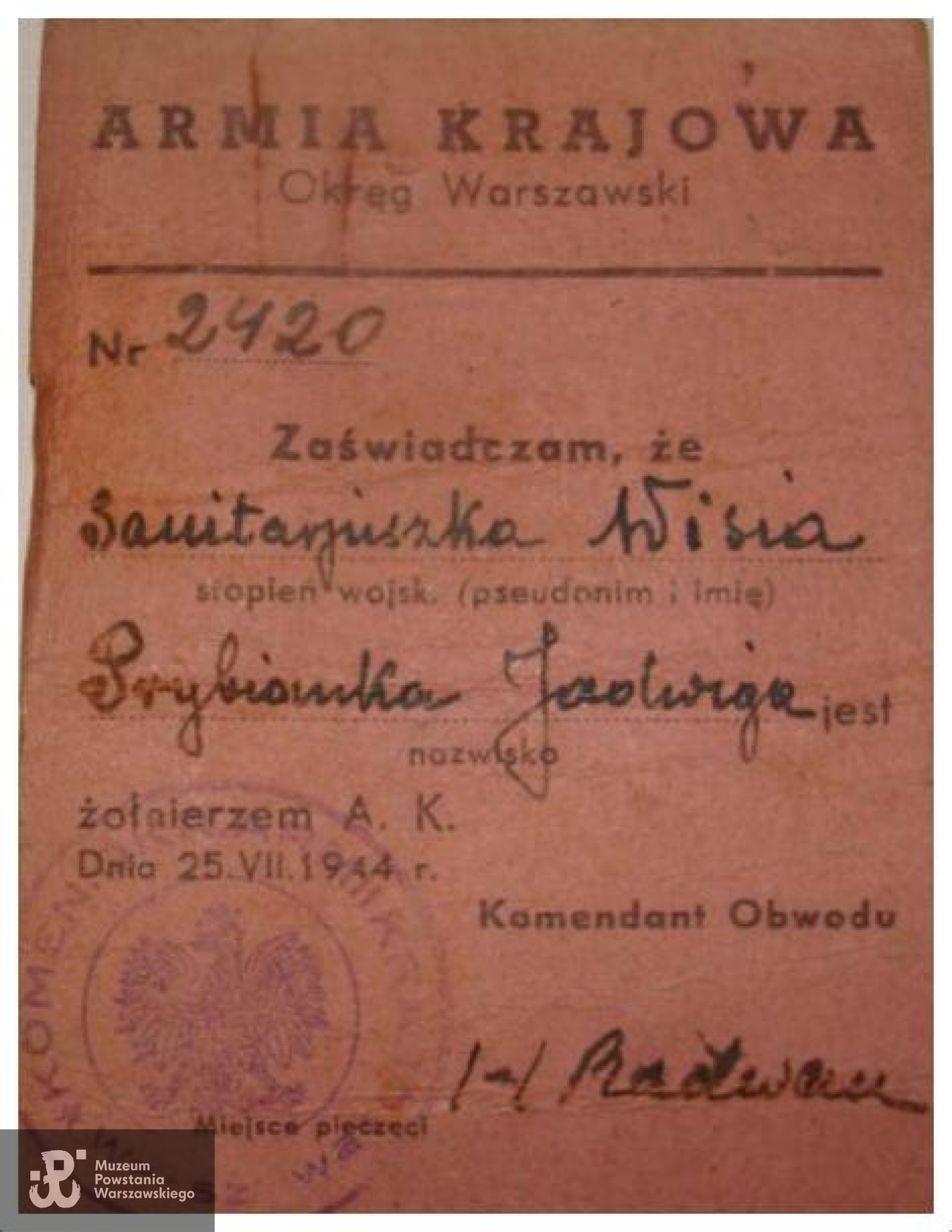 Legitymacja AK o numerze 2420 należąca do Jadwigi Prybianki. Fot. archiwum prywatne