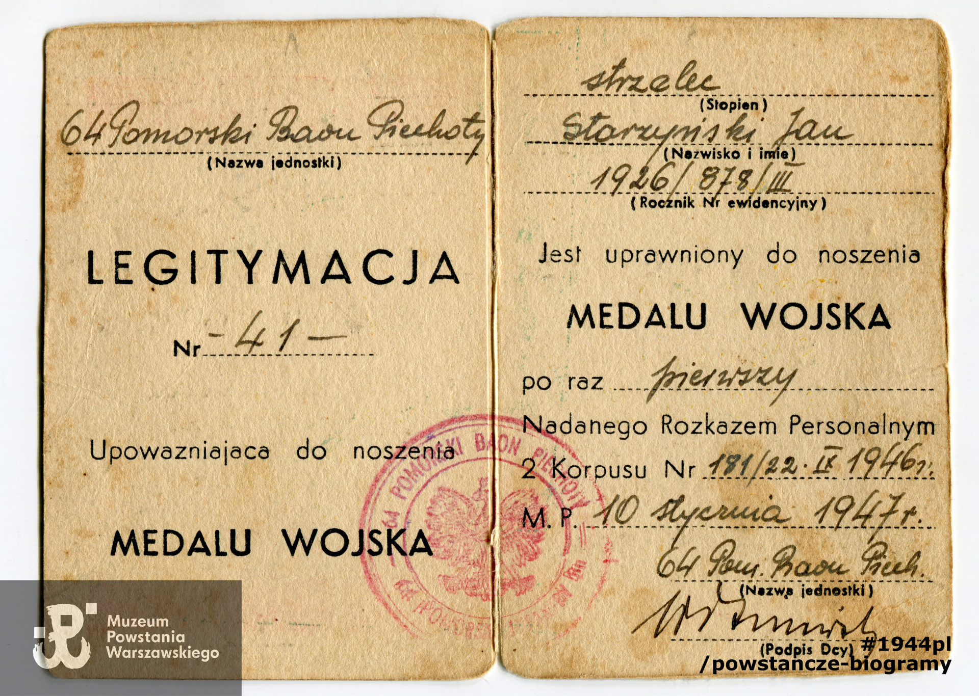 Legitymacja odznaczeniowa - Medal Wojska. Dokument  z archiwum rodzinnego p. Iwony Powierzy