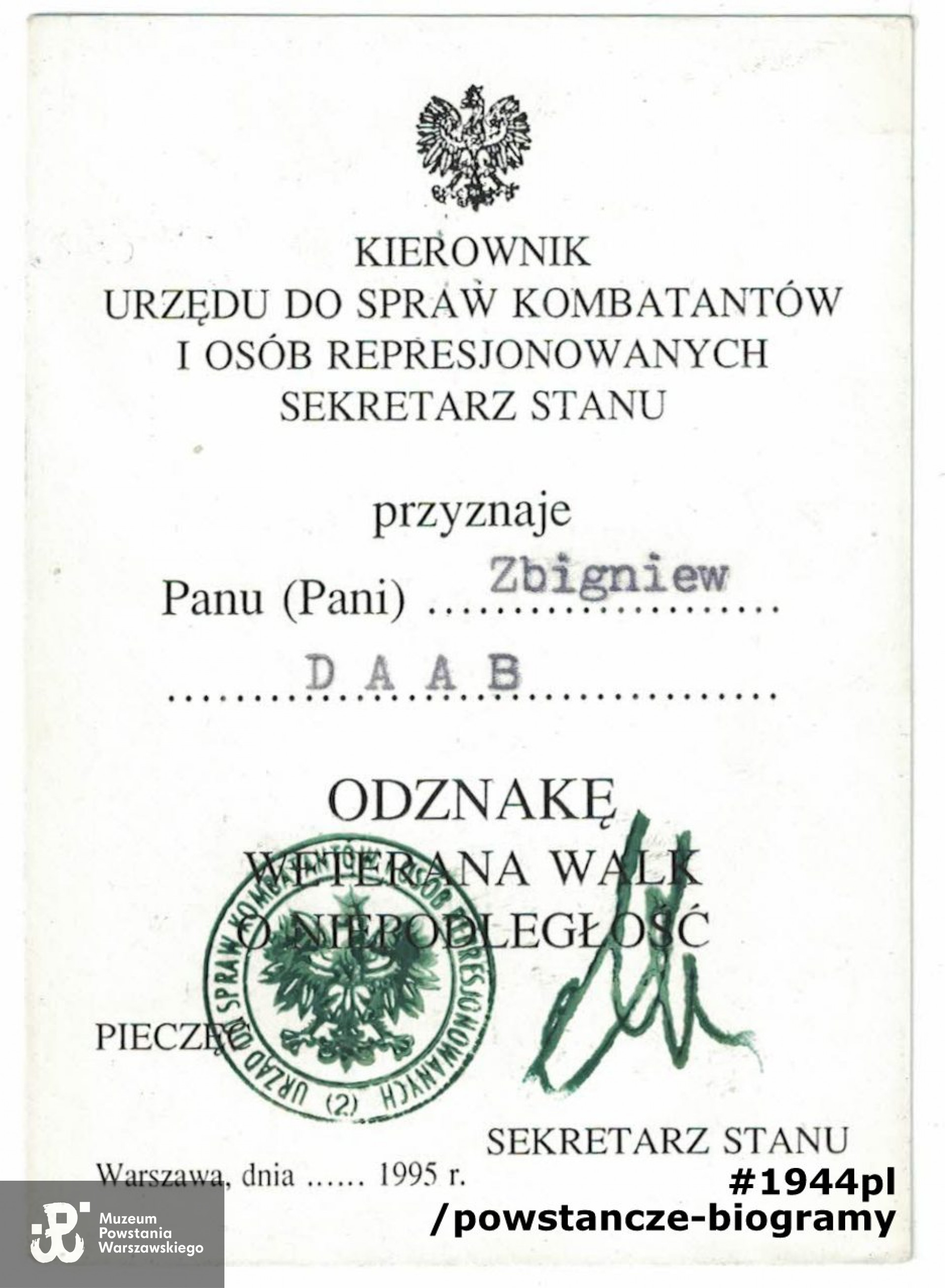 Legitymacja Weterana Walk o Niepodległość. Archiwum prywatne p. Zbigniewa Daaba, skan w zasobie Pokoju Kombatanta MPW