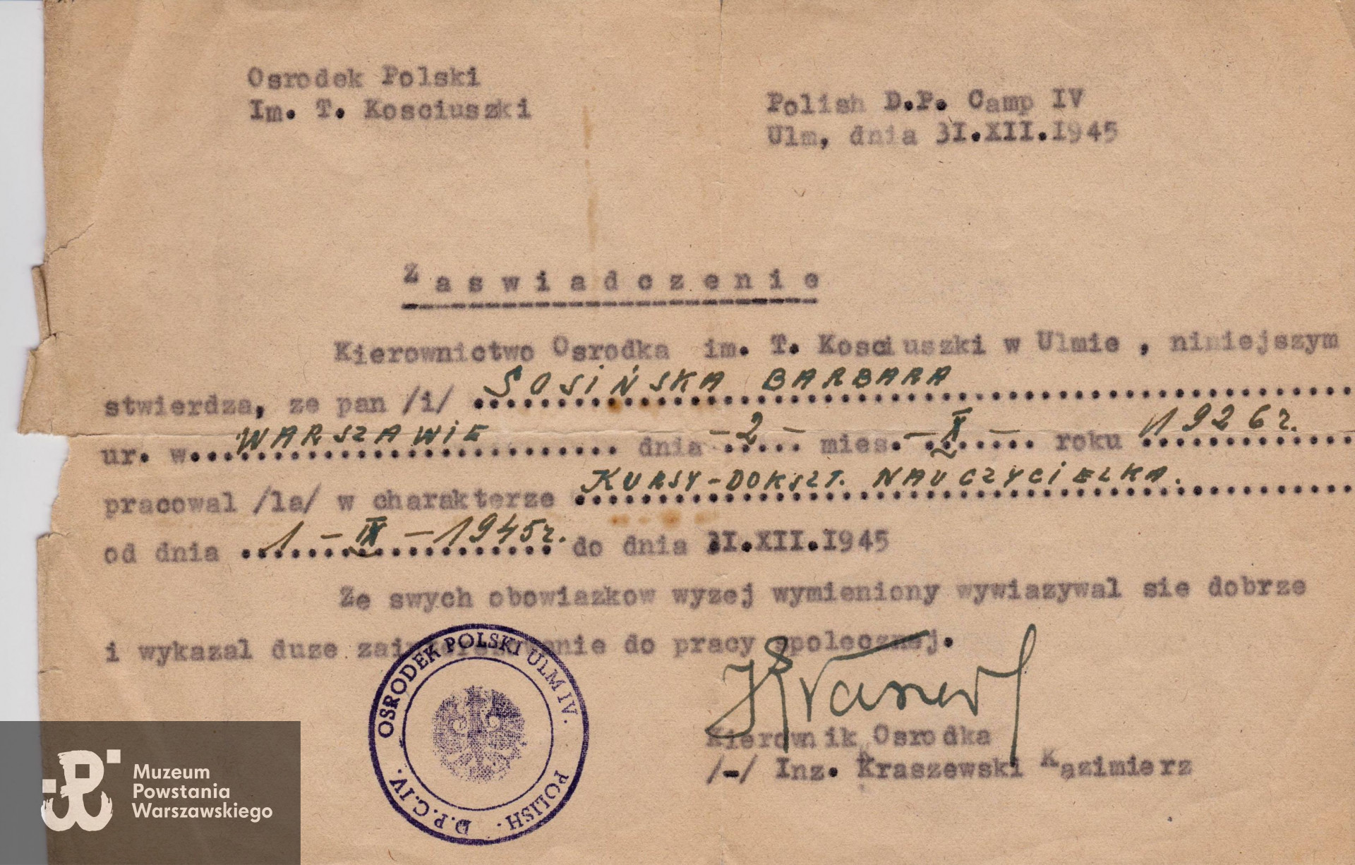 Dokument z archiwum rodzinnego Barbary i Janusza Sosińskich